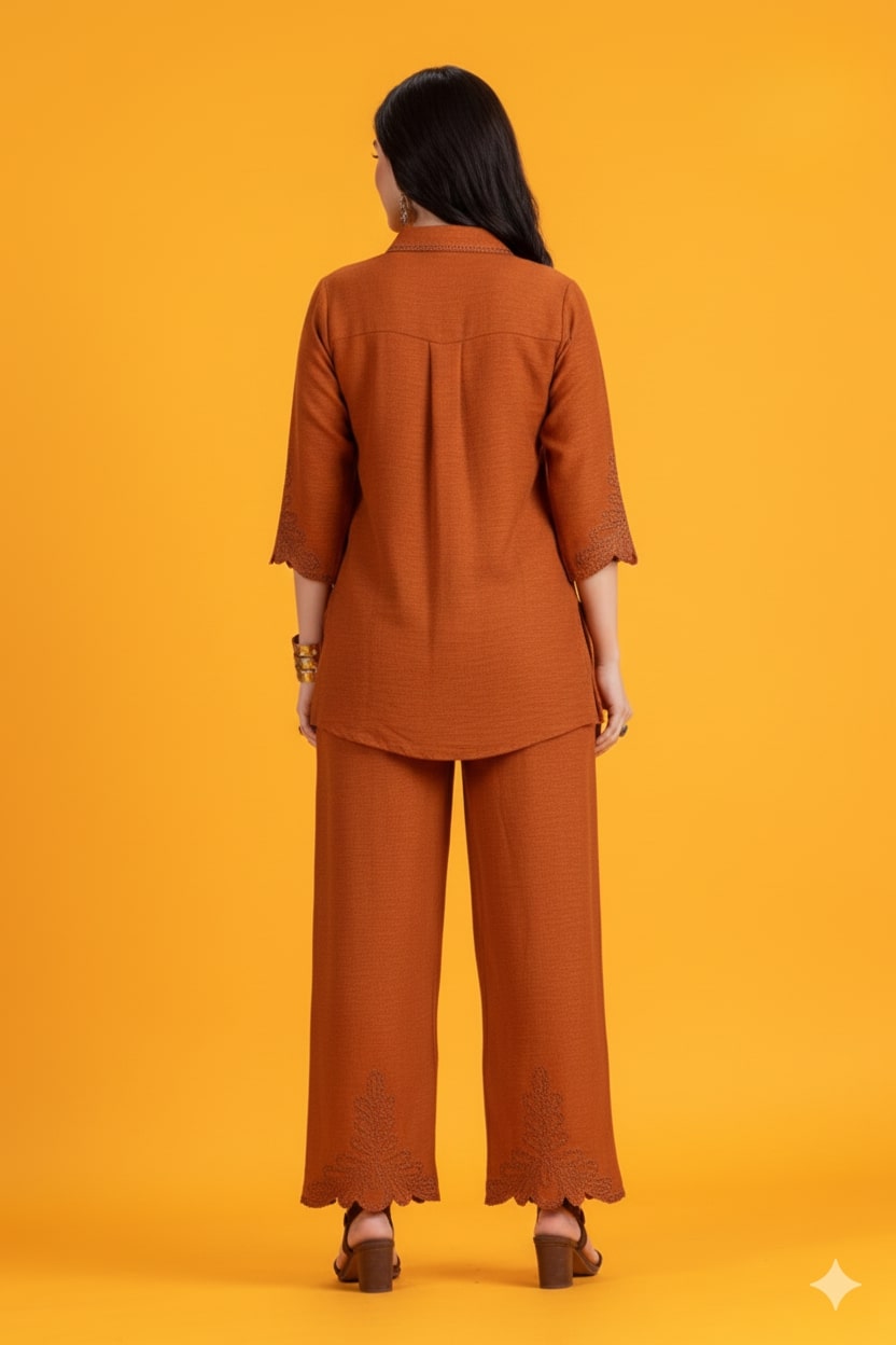 Brown Cord Set with Printed Shirt-Style Top and Matching Bottoms