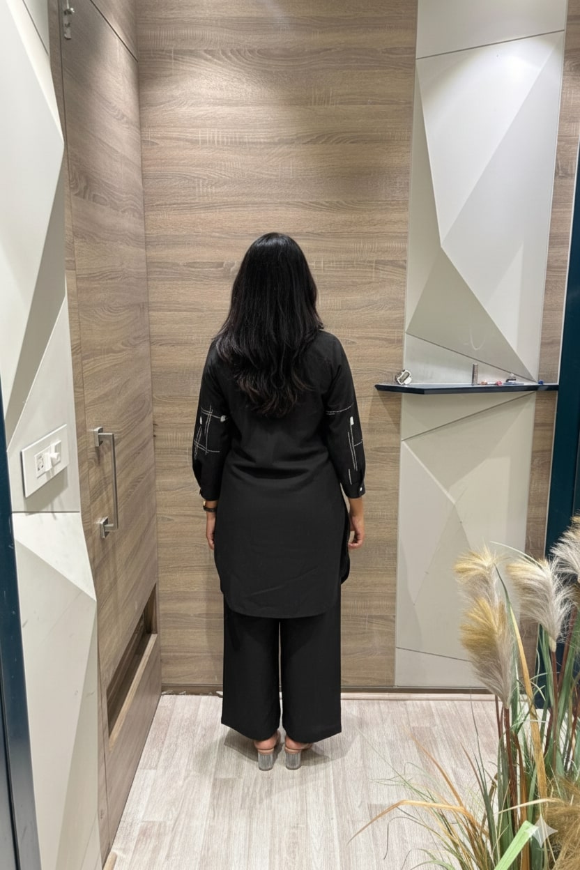 Black Cord Set with Printed Shirt-Style Top and Matching Pants