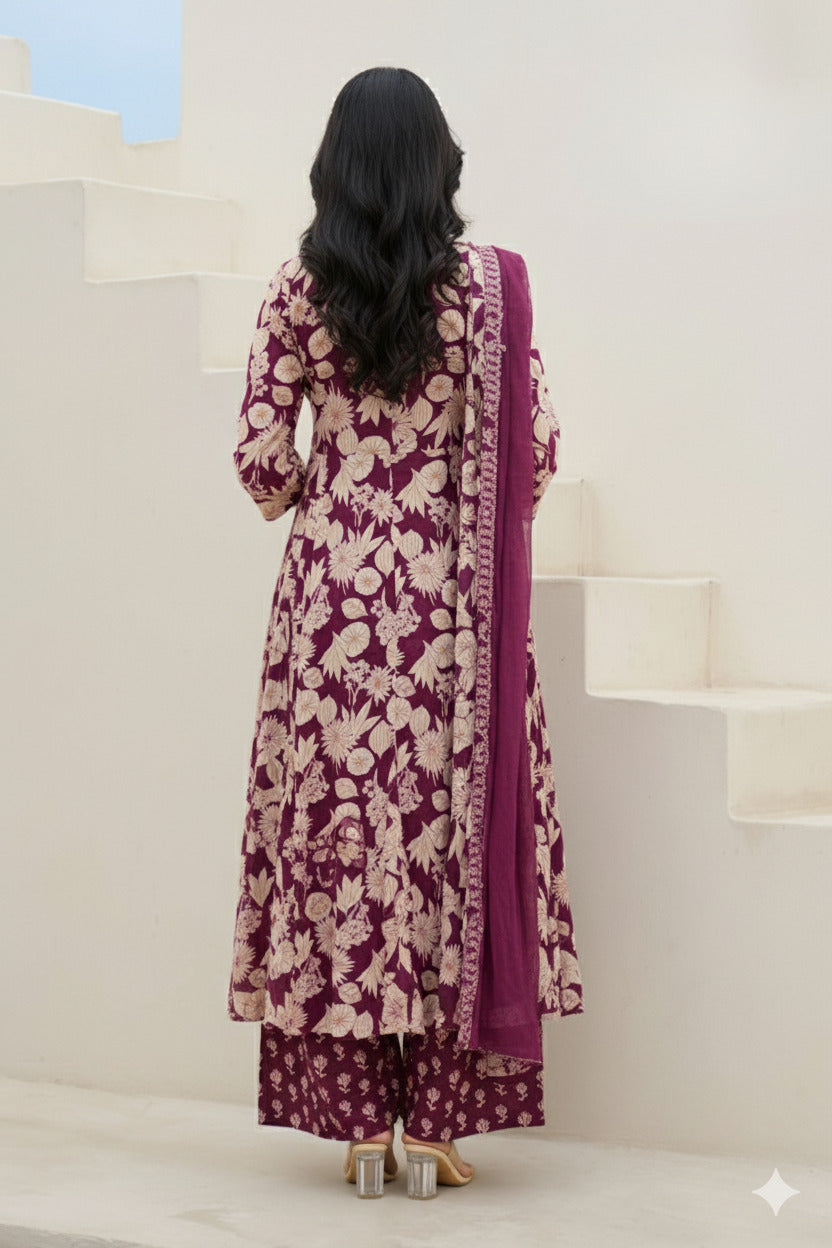 Wine V-Neck Embroidered Cotton Floral Printed Kurta Palazzo Dupatta Set