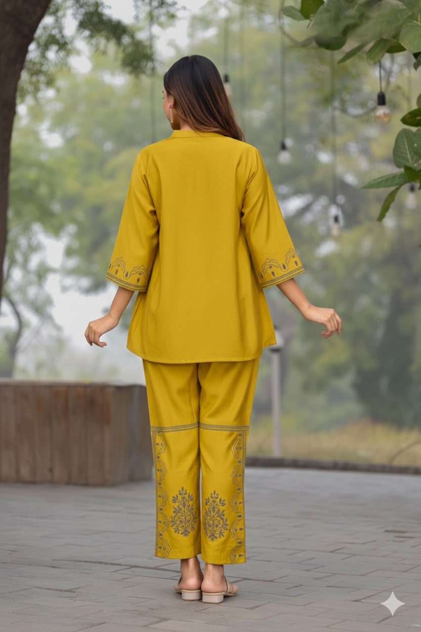 Contemporary Yellow Cord Set with Subtle Work