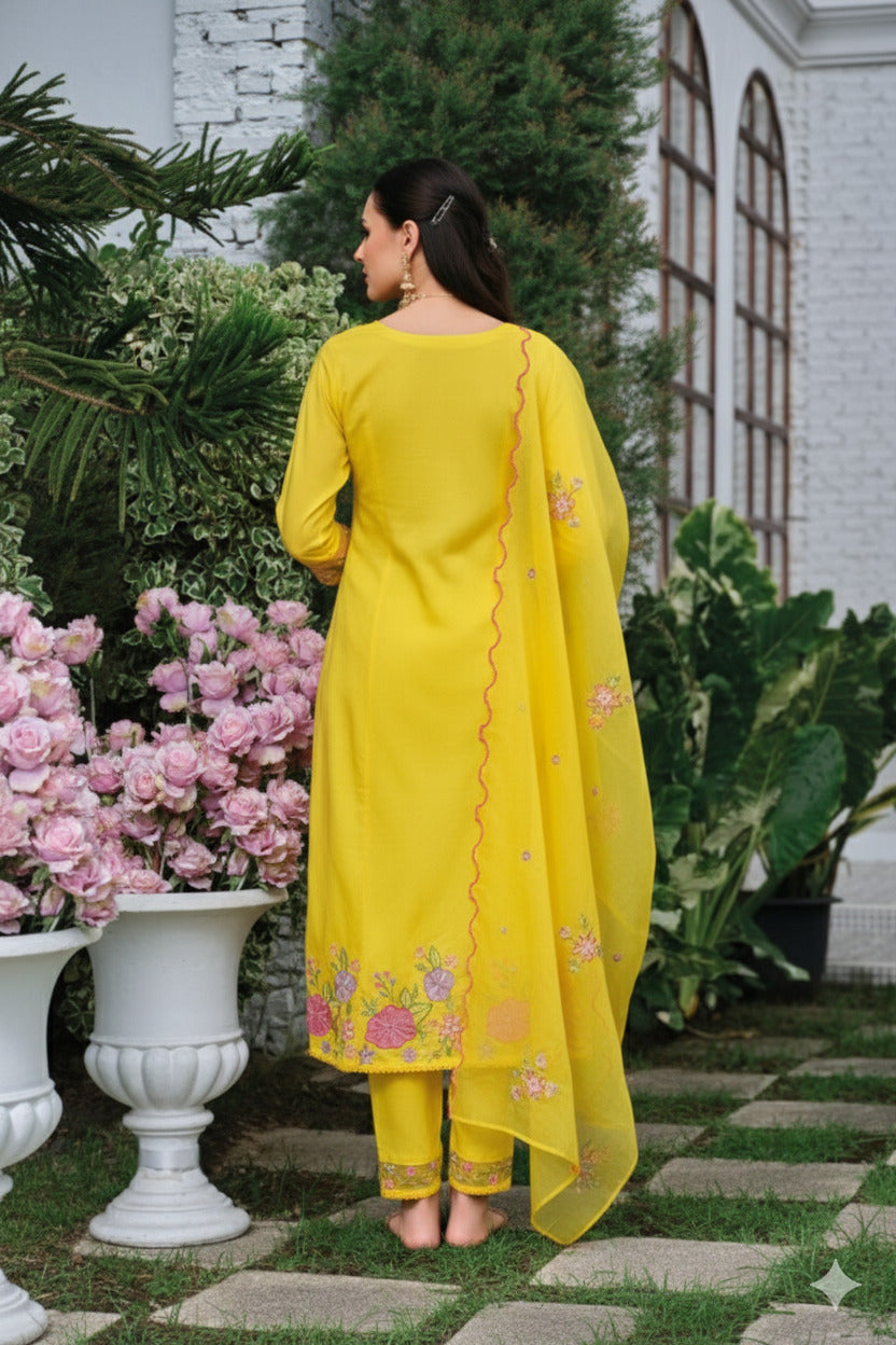 Yellow Mul Chanderi Kantha Work Floral Embroidered Suit Set