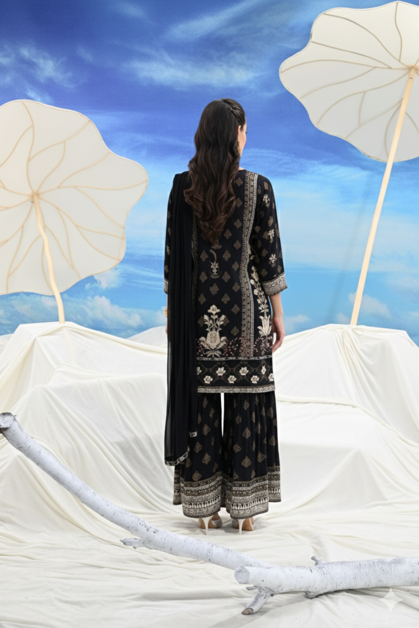 Crepe Pleated Sharara black three-piece