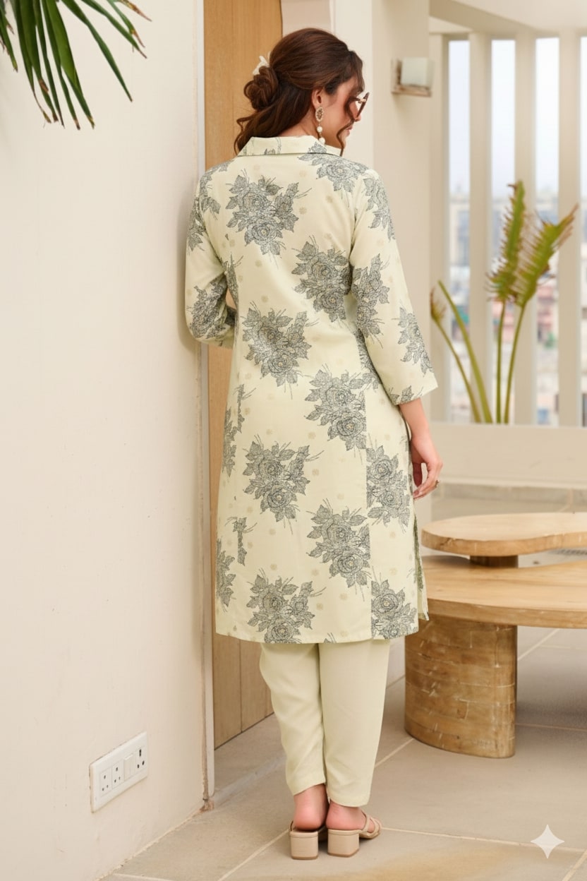 Off White Rayon Foil Print Cord Set with Detailed Work