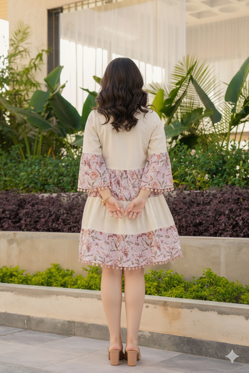 Cream Cotton Round-Neck Tunic with Two-Tone Fabric and Floral Design