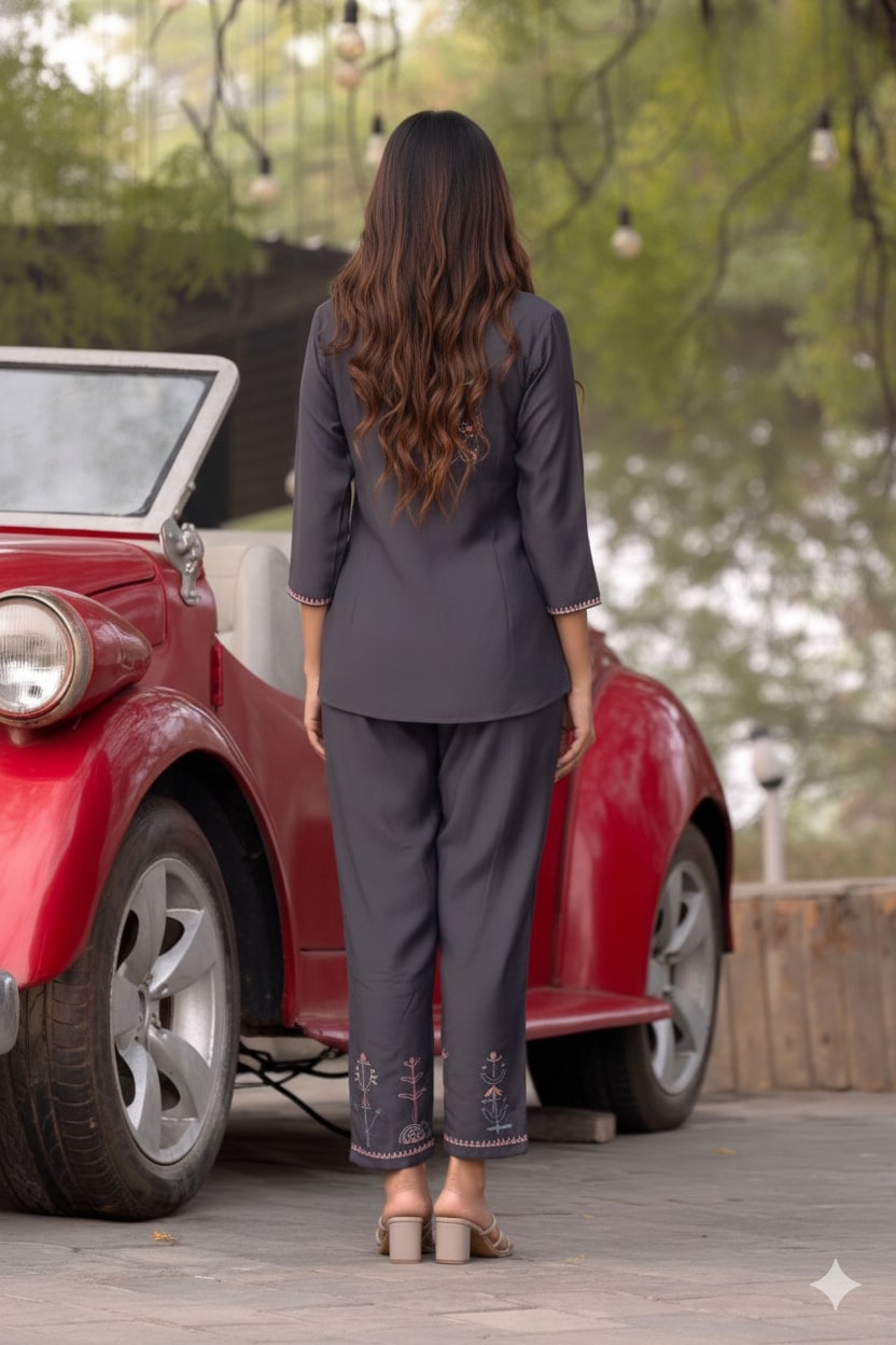 Grey Cord Set with Printed Shirt-Style Top and Solid Pants