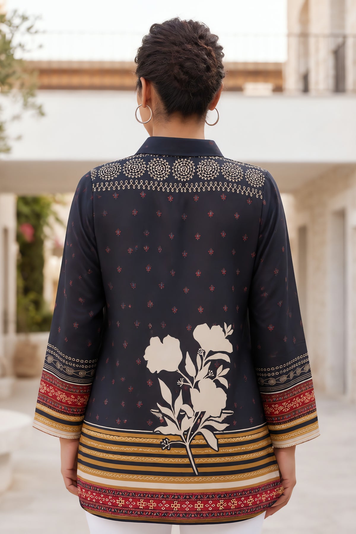 Black Floral and Ethnic Fusion Shirt-Collar Top