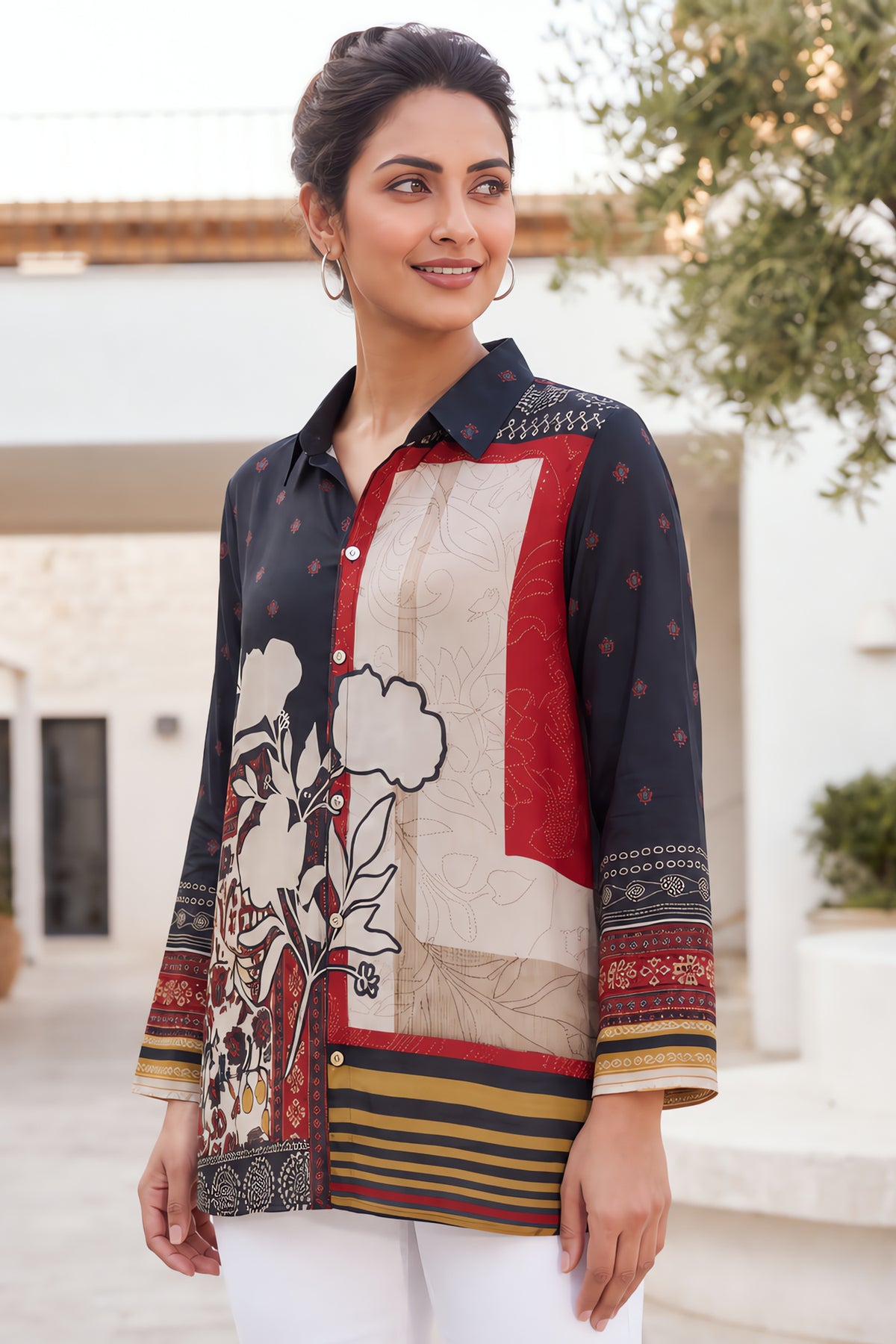 Black Floral and Ethnic Fusion Shirt-Collar Top