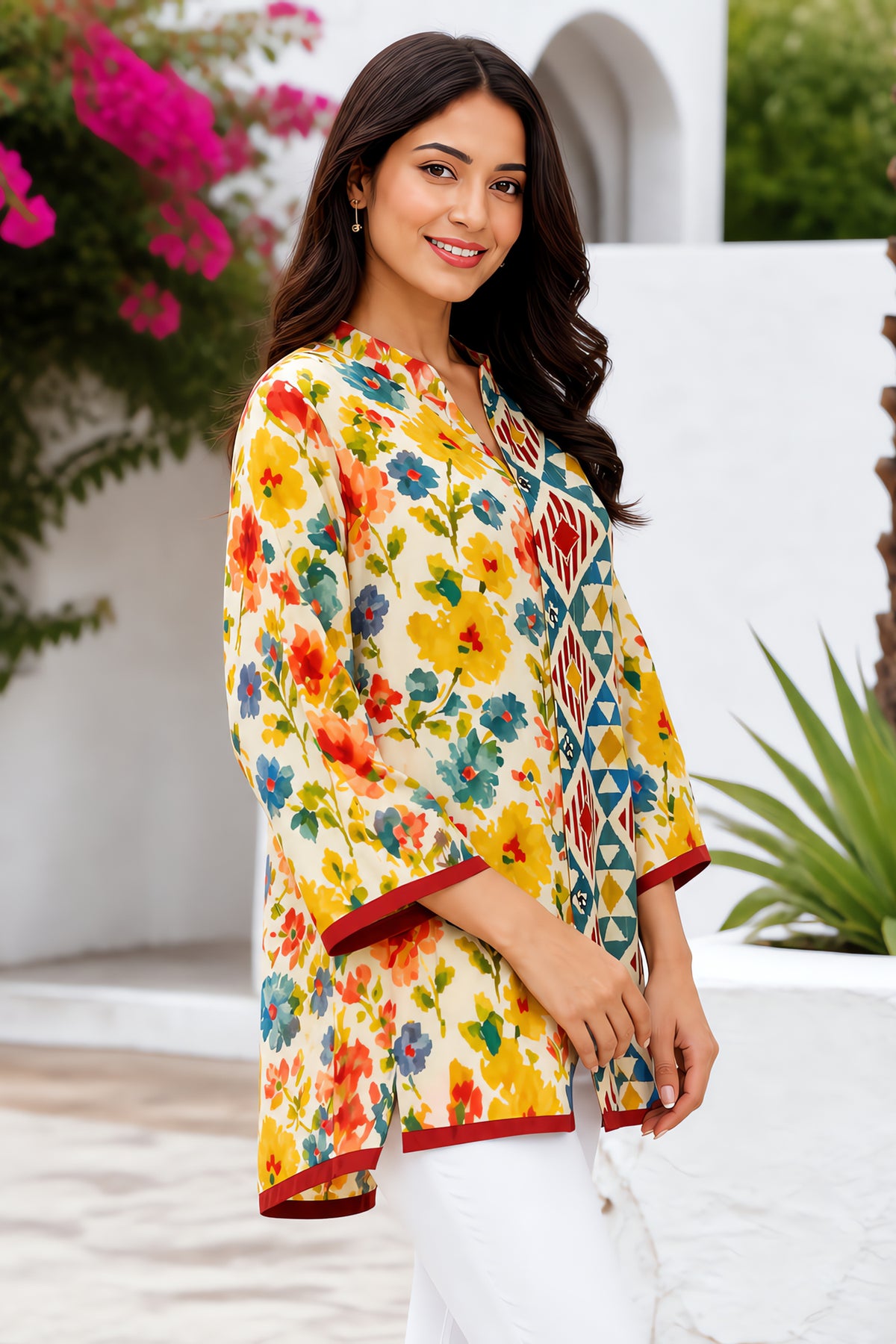 Vibrant Half-And-Half Printed Cotton Kurti Top