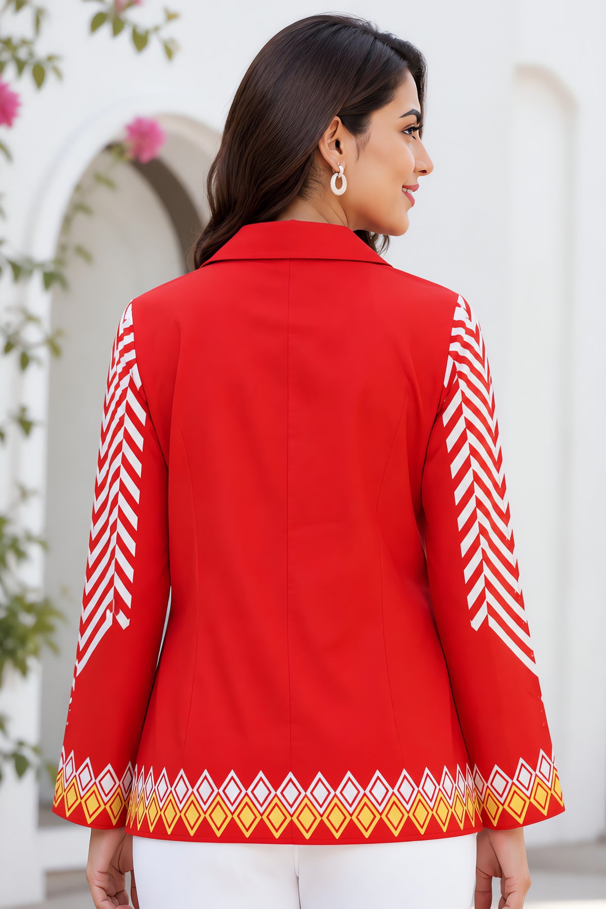 Vibrant Red Geometric Chevron Collared Tunic Shirt