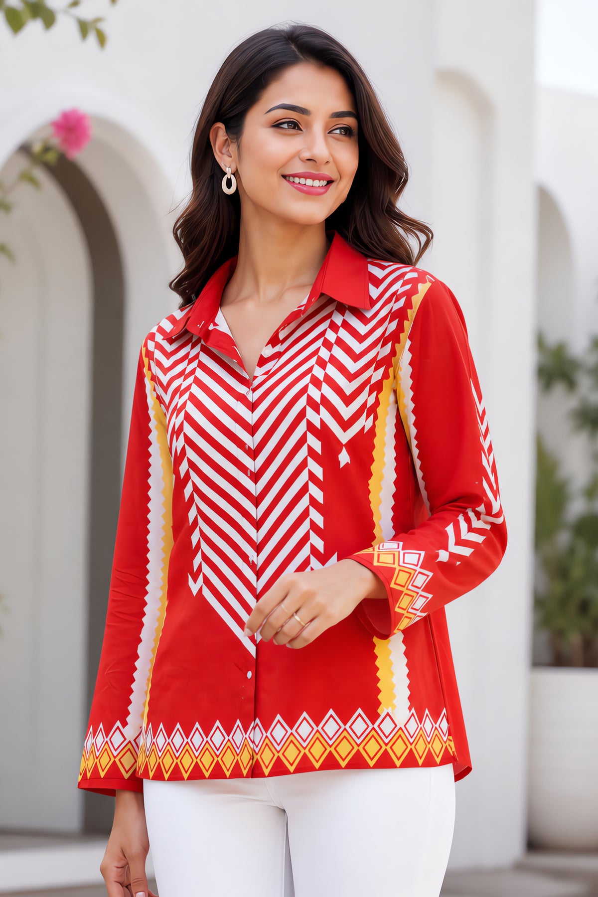Vibrant Red Geometric Chevron Collared Tunic Shirt
