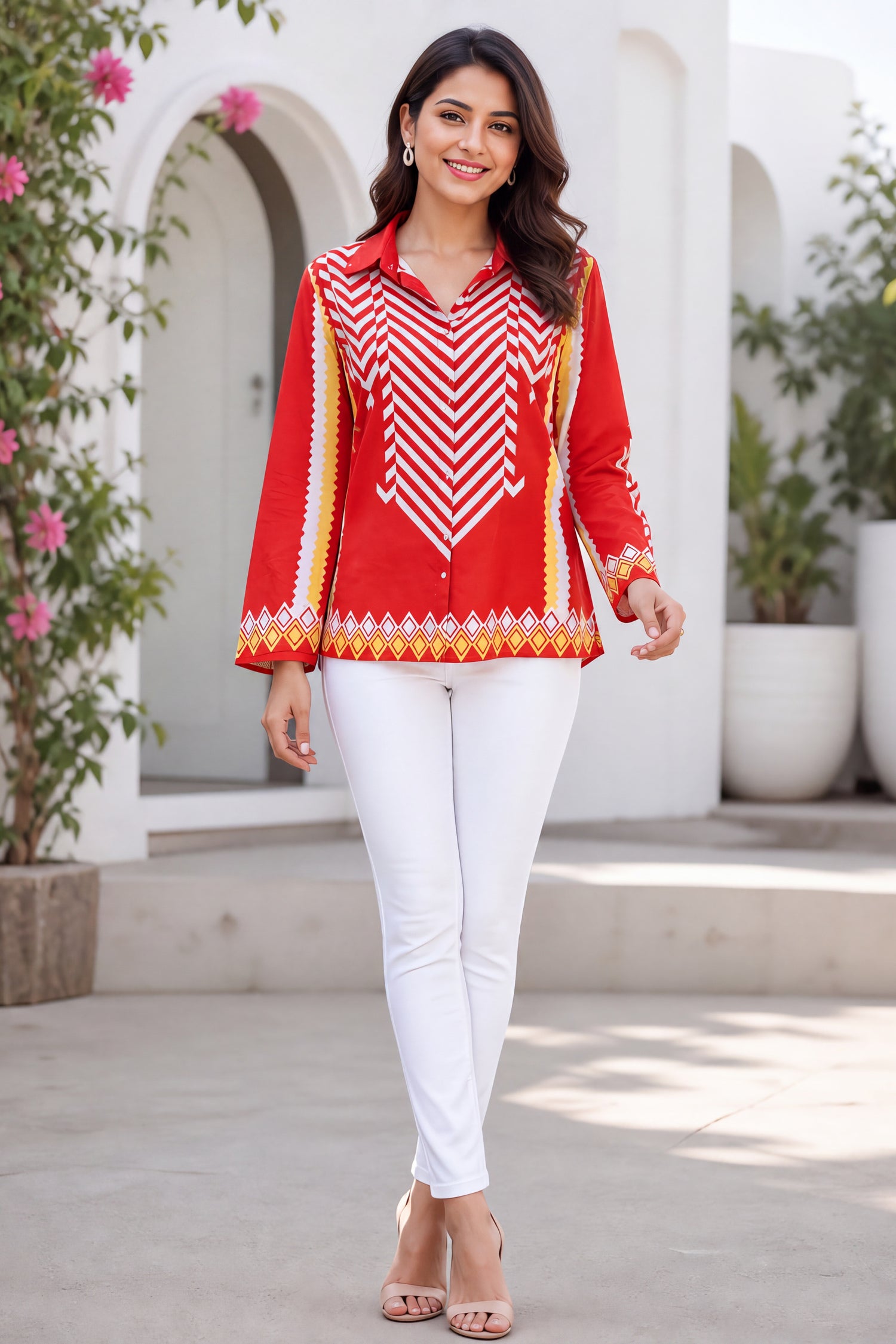 Vibrant Red Geometric Chevron Collared Tunic Shirt
