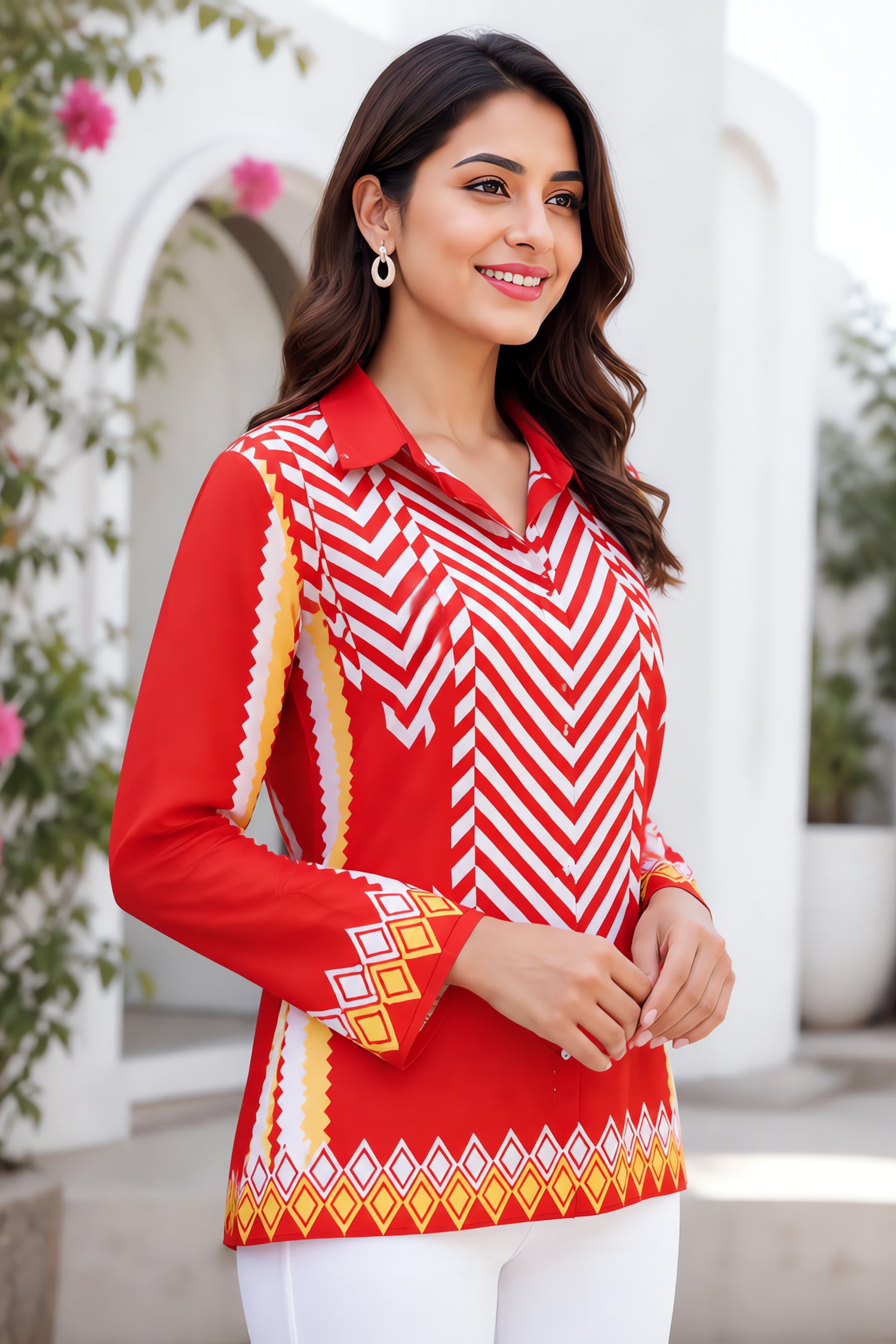 Vibrant Red Geometric Chevron Collared Tunic Shirt