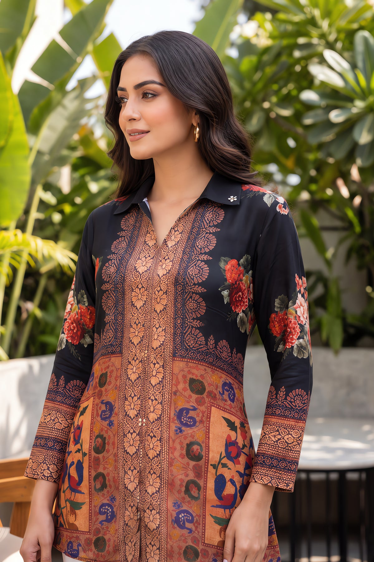 Black Floral Crepe Kurta Top