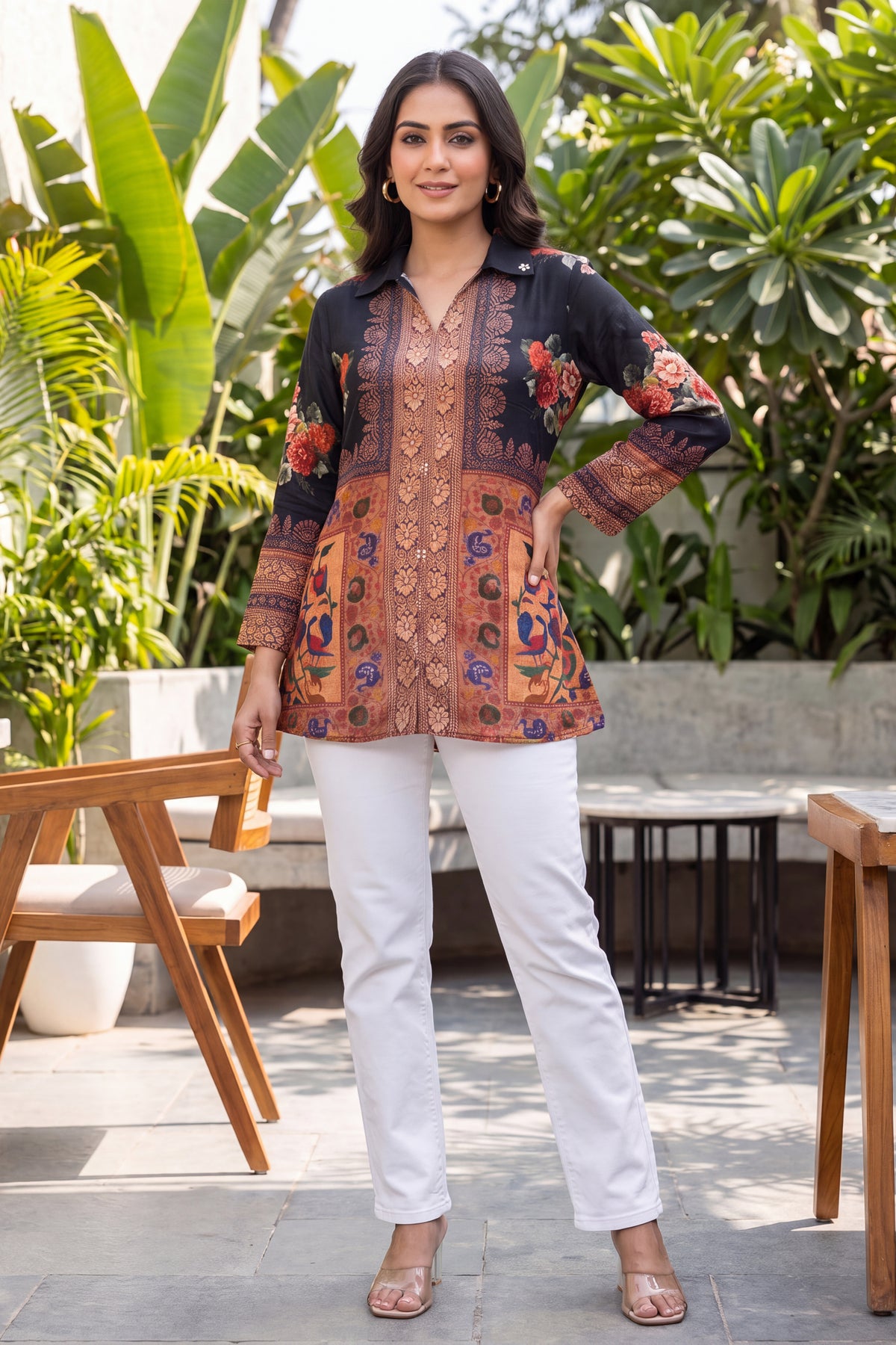 Black Floral Crepe Kurta Top