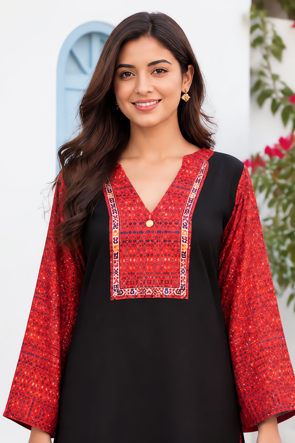 Red Straight Ajrakh Printed Top