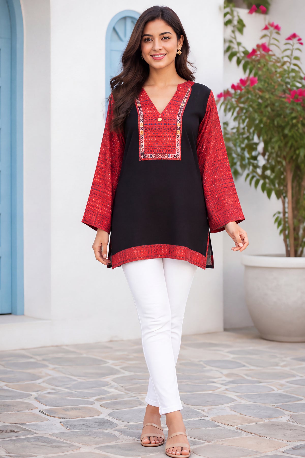 Red Straight Ajrakh Printed Top