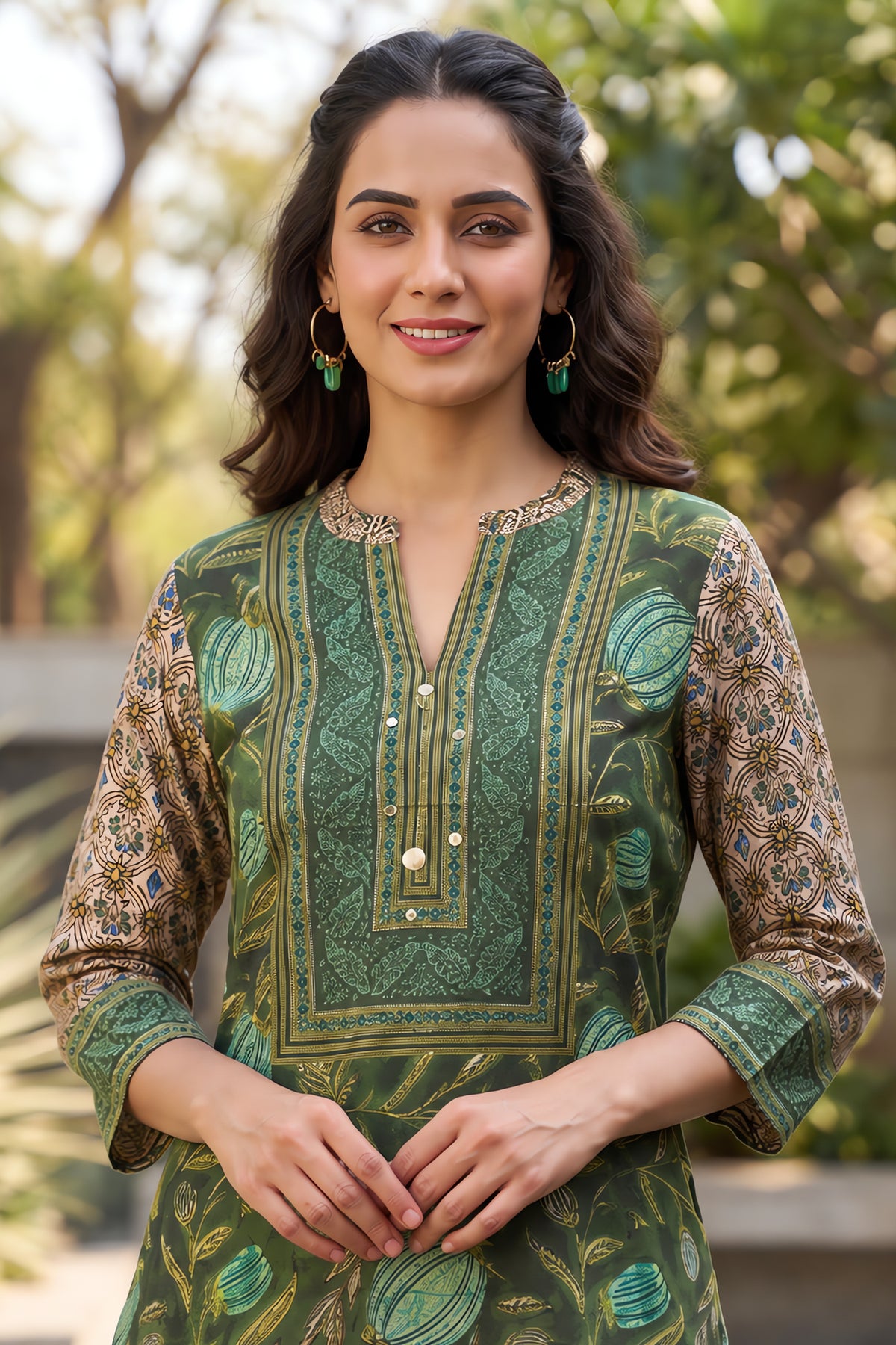 Olive Green Block Printed Cotton Top