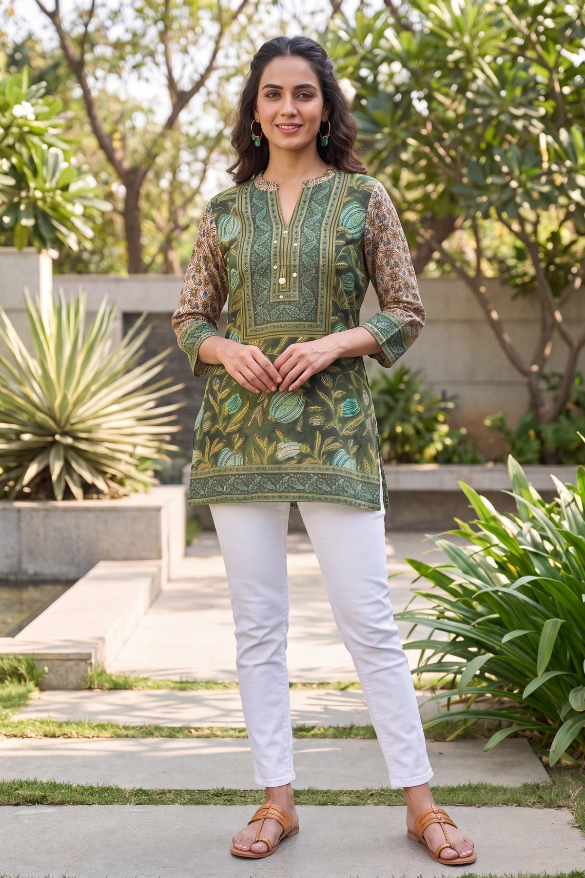 Olive Green Block Printed Cotton Top