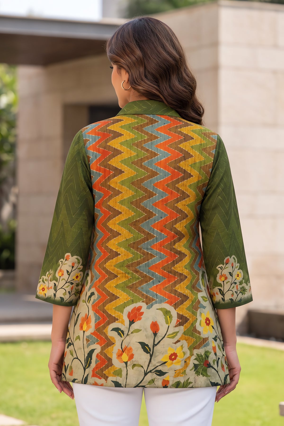 Green Floral Geometric Crepe Kurta Top