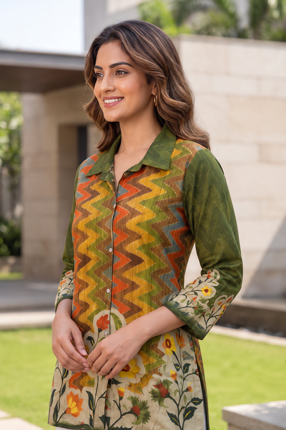Green Floral Geometric Crepe Kurta Top