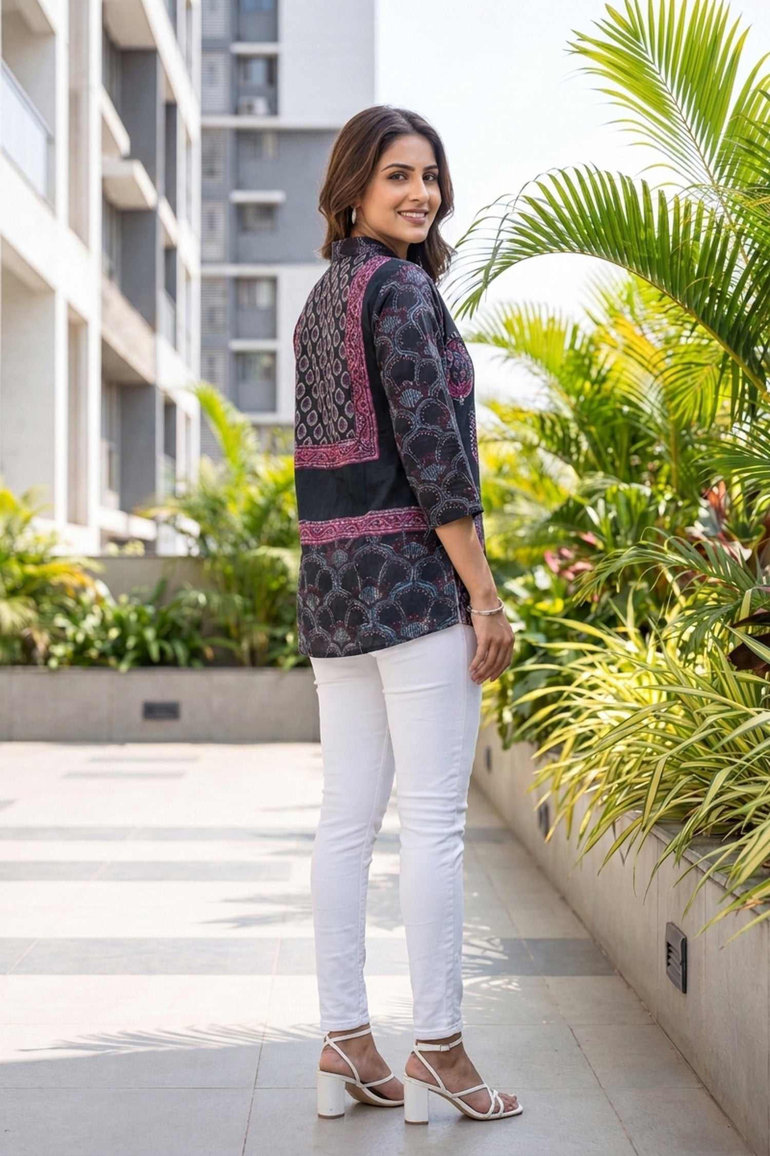 Indigo & Pink Crepe Top