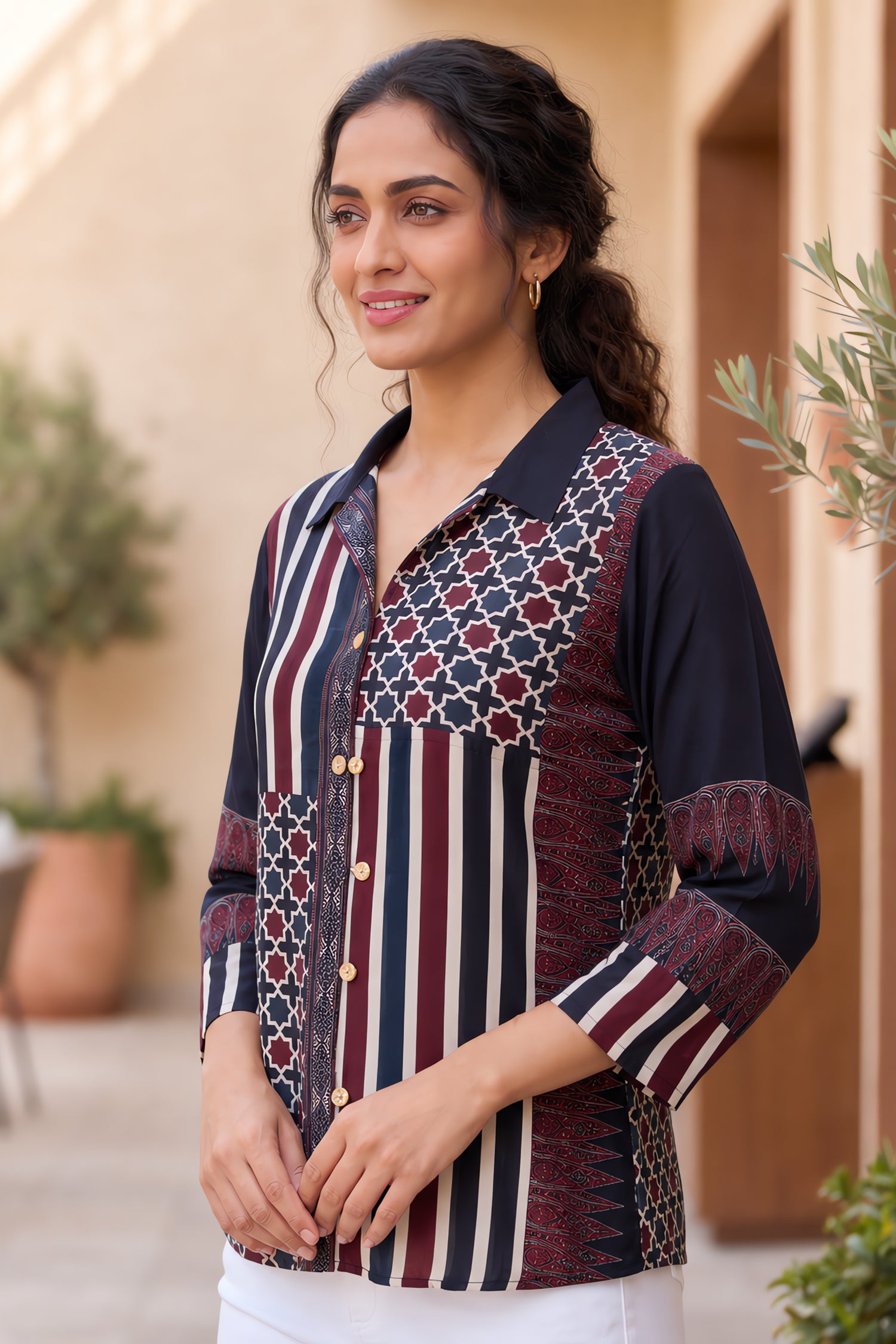 Contemporary Ajrakh Patchwork Shirt Tunic Top