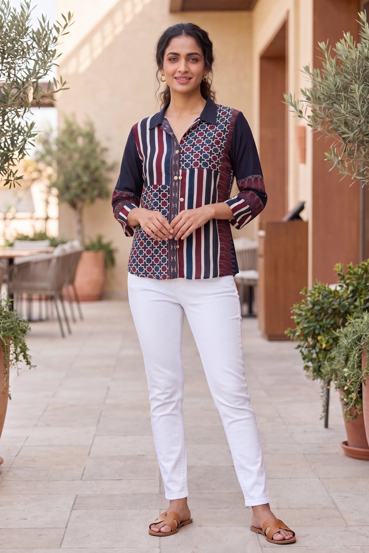 Contemporary Ajrakh Patchwork Shirt Tunic Top