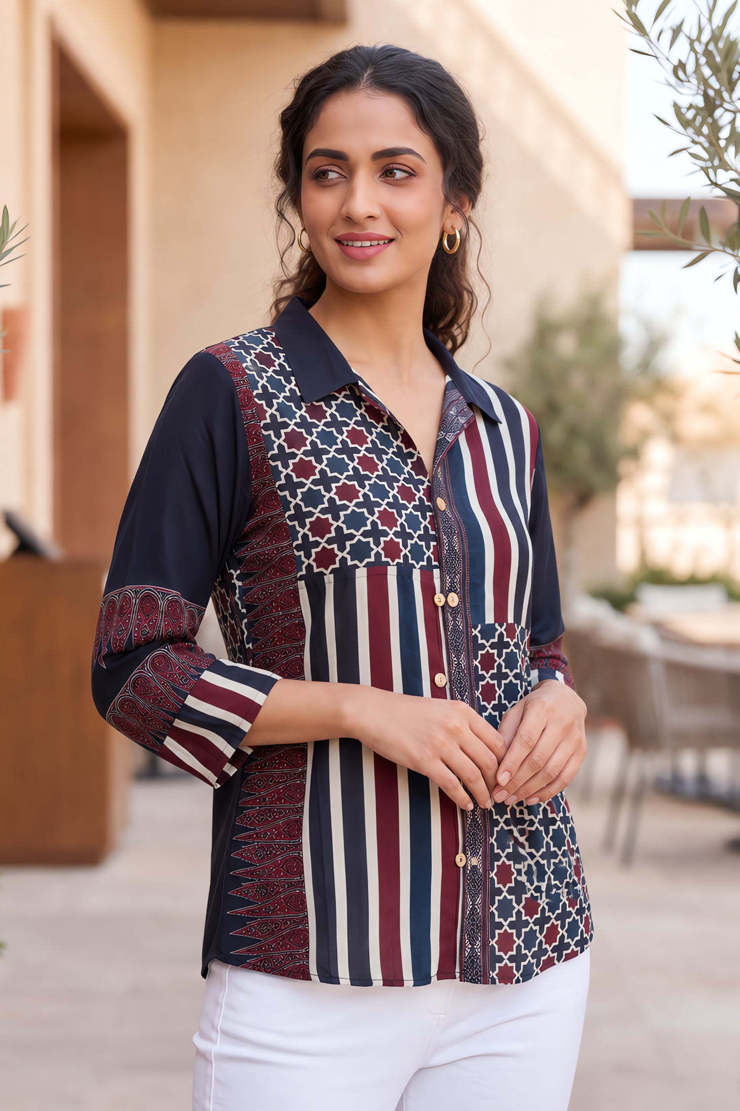 Contemporary Ajrakh Patchwork Shirt Tunic Top
