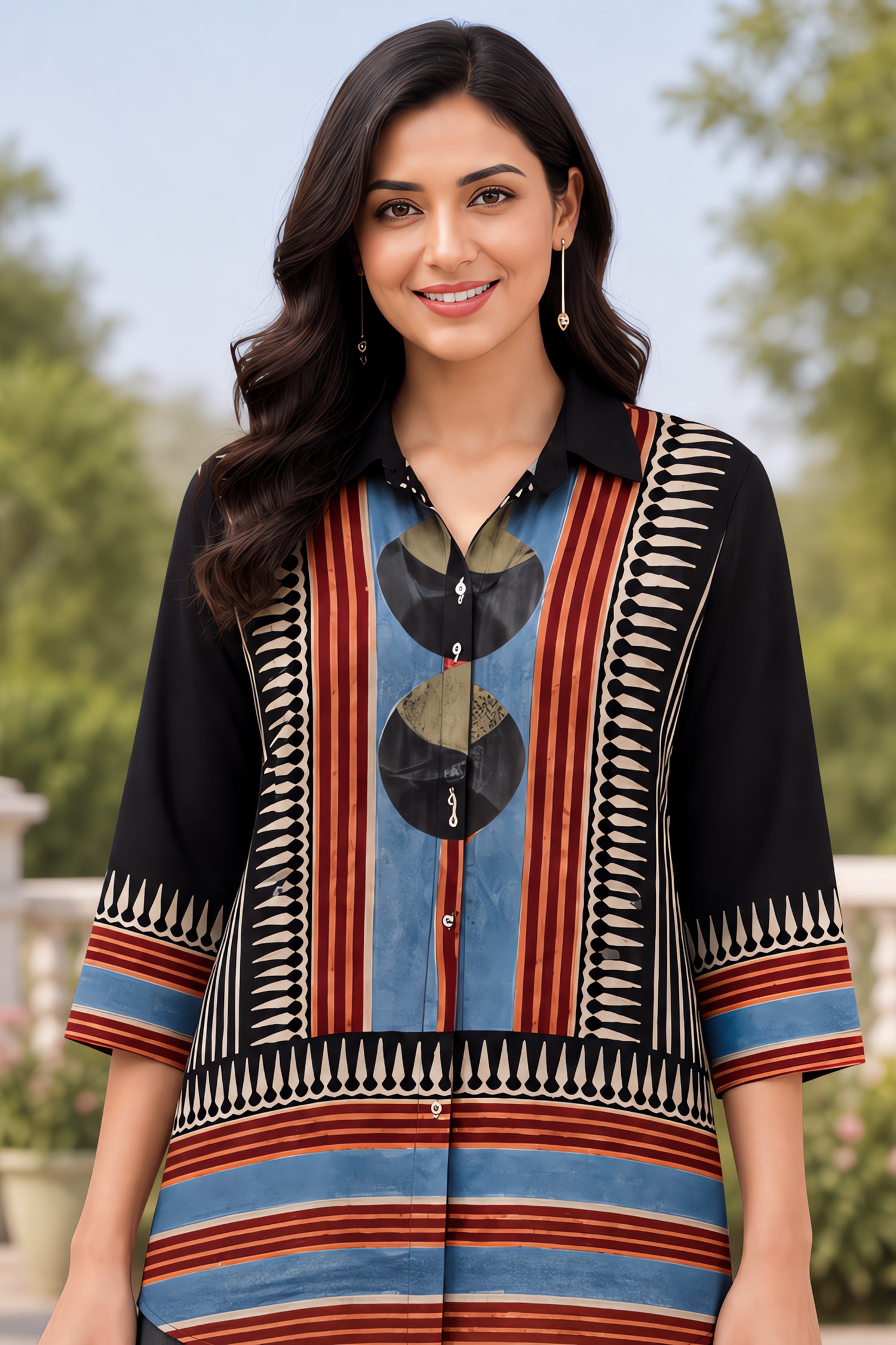 Trending Ajrakh Pure Crepe Shirt Style tunic Top