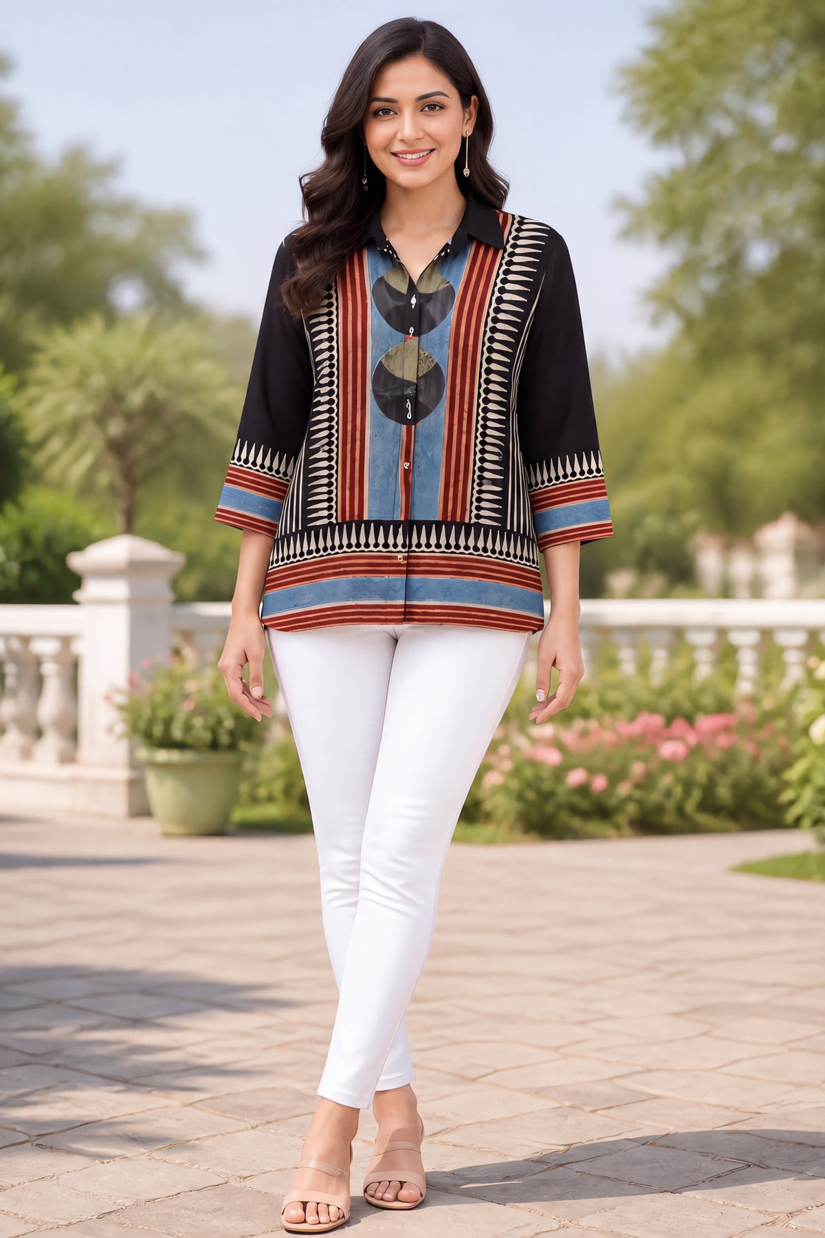 Trending Ajrakh Pure Crepe Shirt Style tunic Top