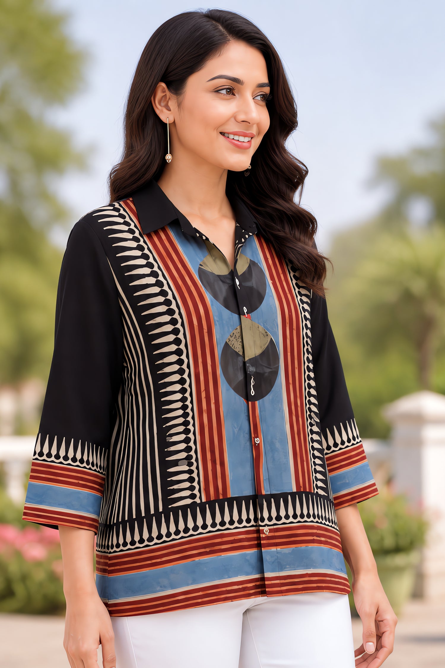 Trending Ajrakh Pure Crepe Shirt Style tunic Top