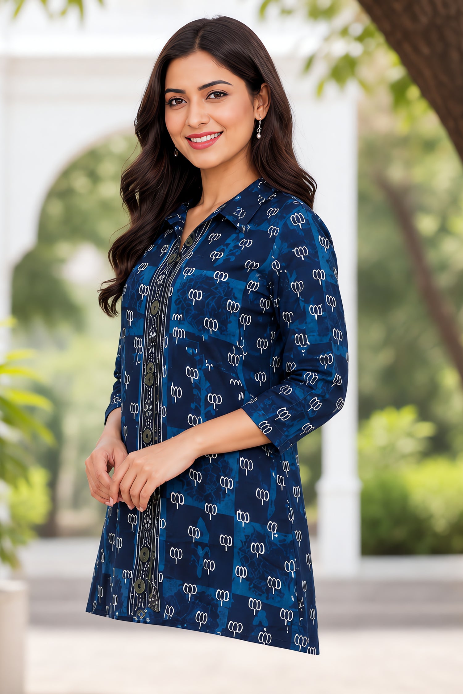 Indigo Crepe Floral Printed Women Tunic Top