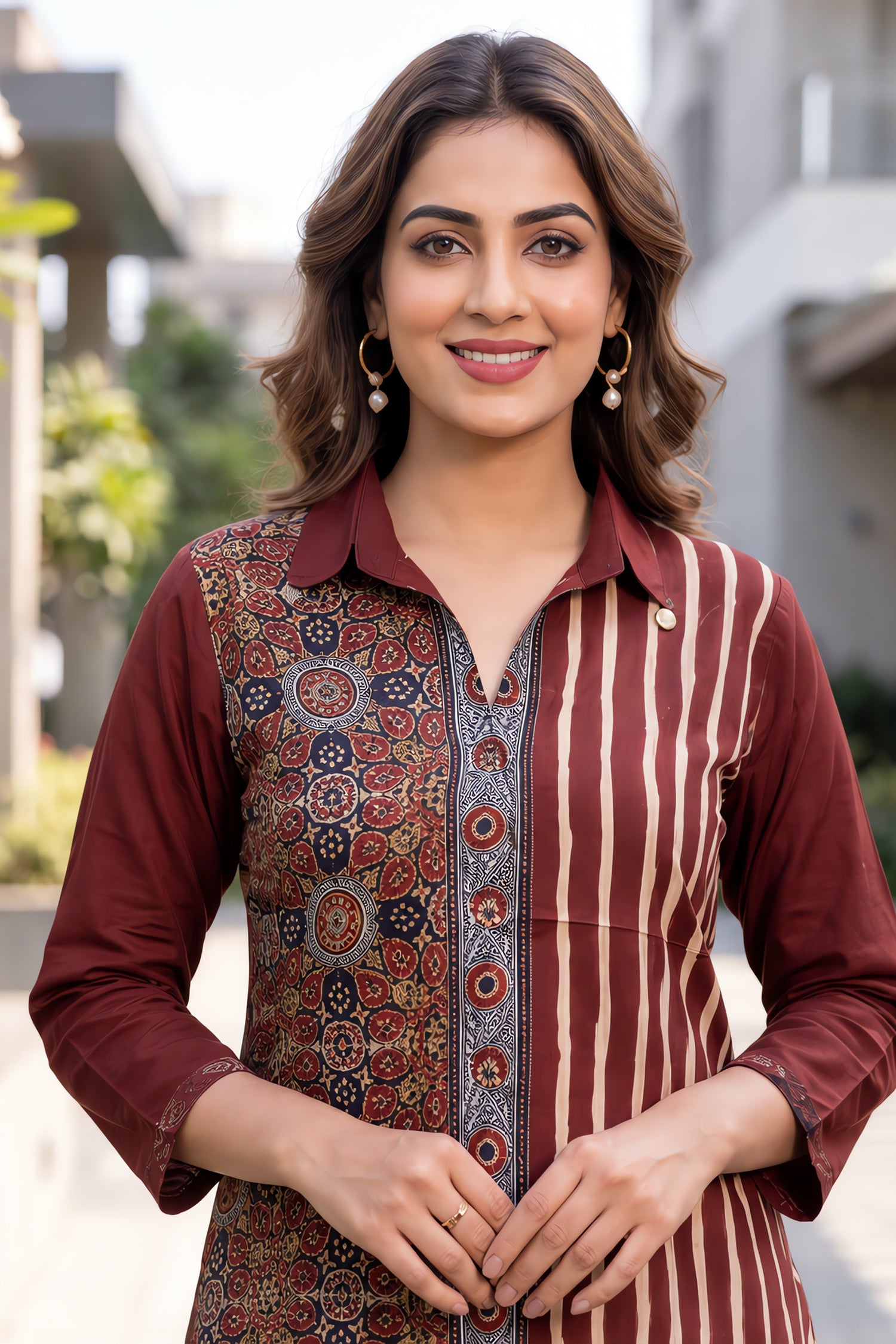 Maroon Ajrakh Block Print Ethnic Shirt Tunic.