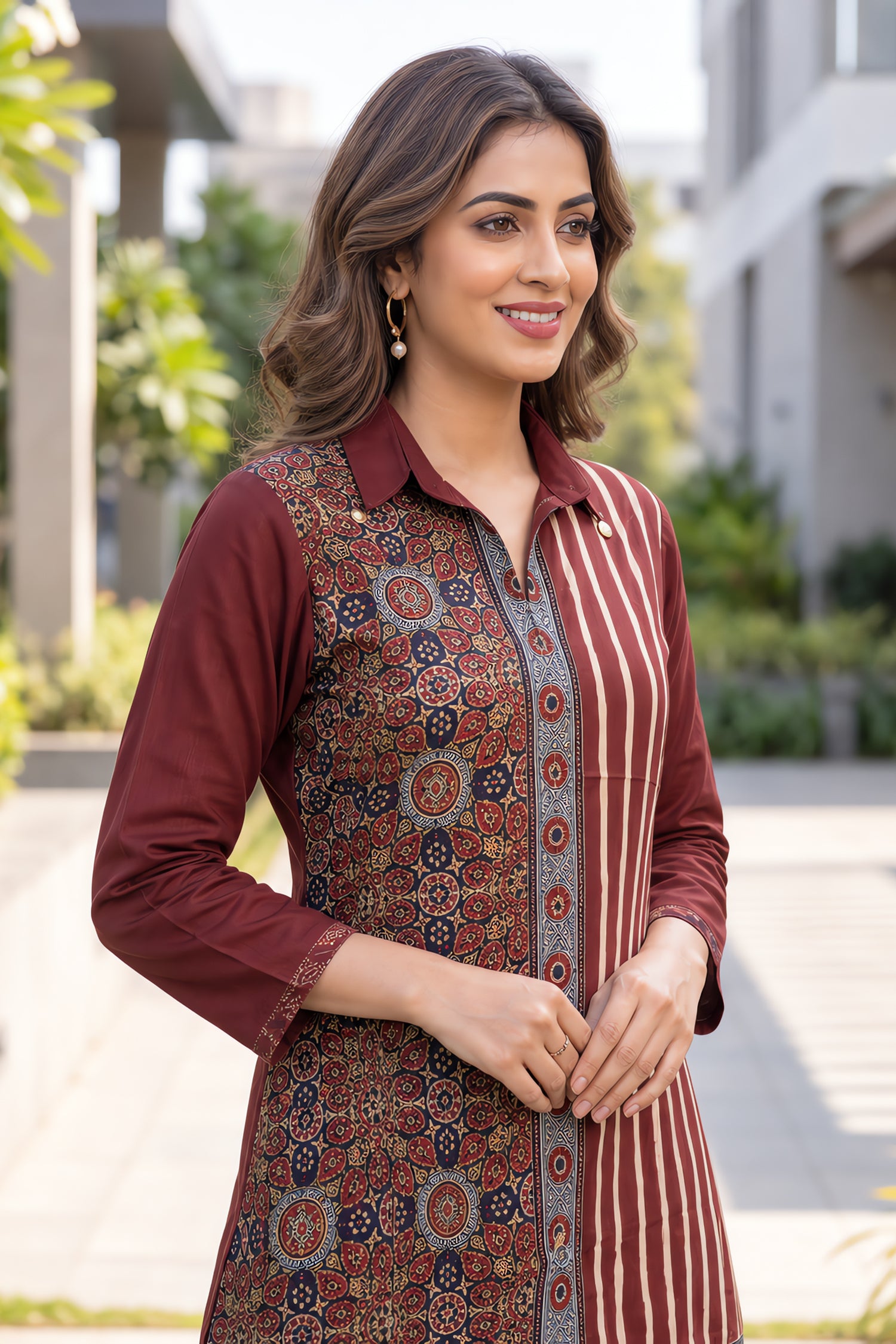 Maroon Ajrakh Block Print Ethnic Shirt Tunic.