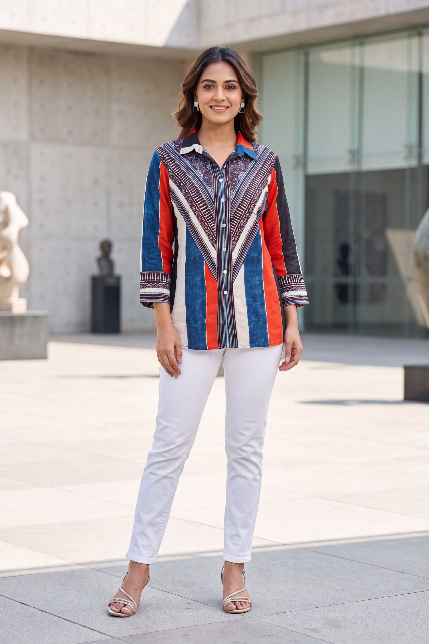 Multicolor Striped Geometric Crepe Shirt Top
