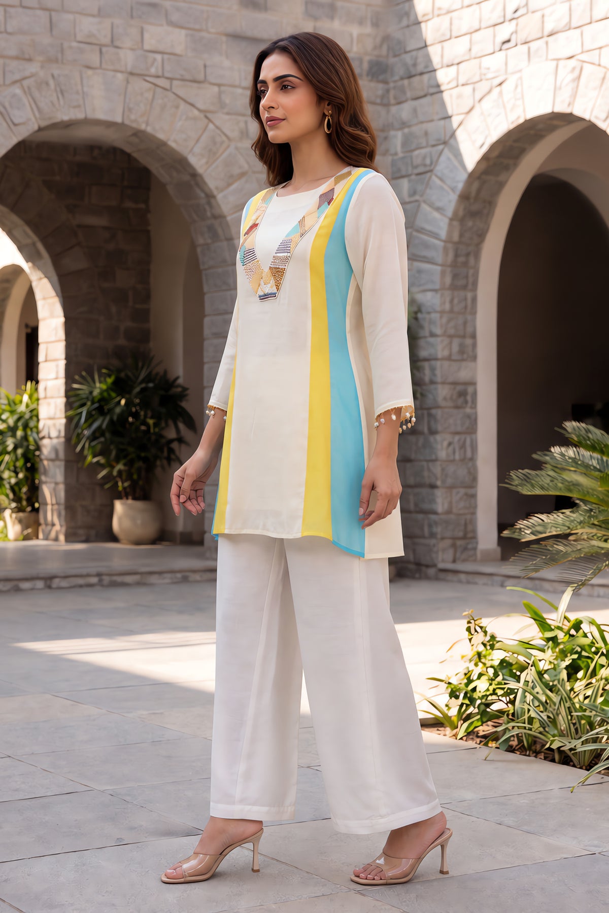 Off White Color Blocked Side Delicate Embroidery Three Pcs