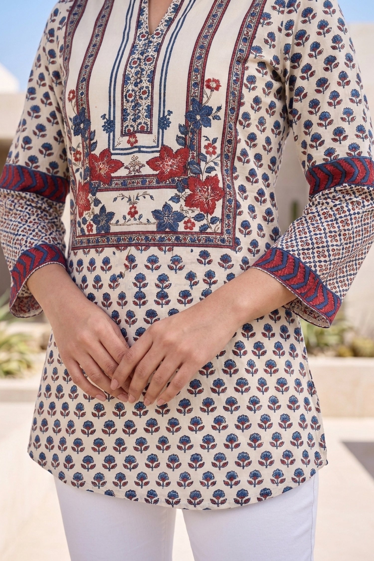 White Floral Block-Print Crepe Top