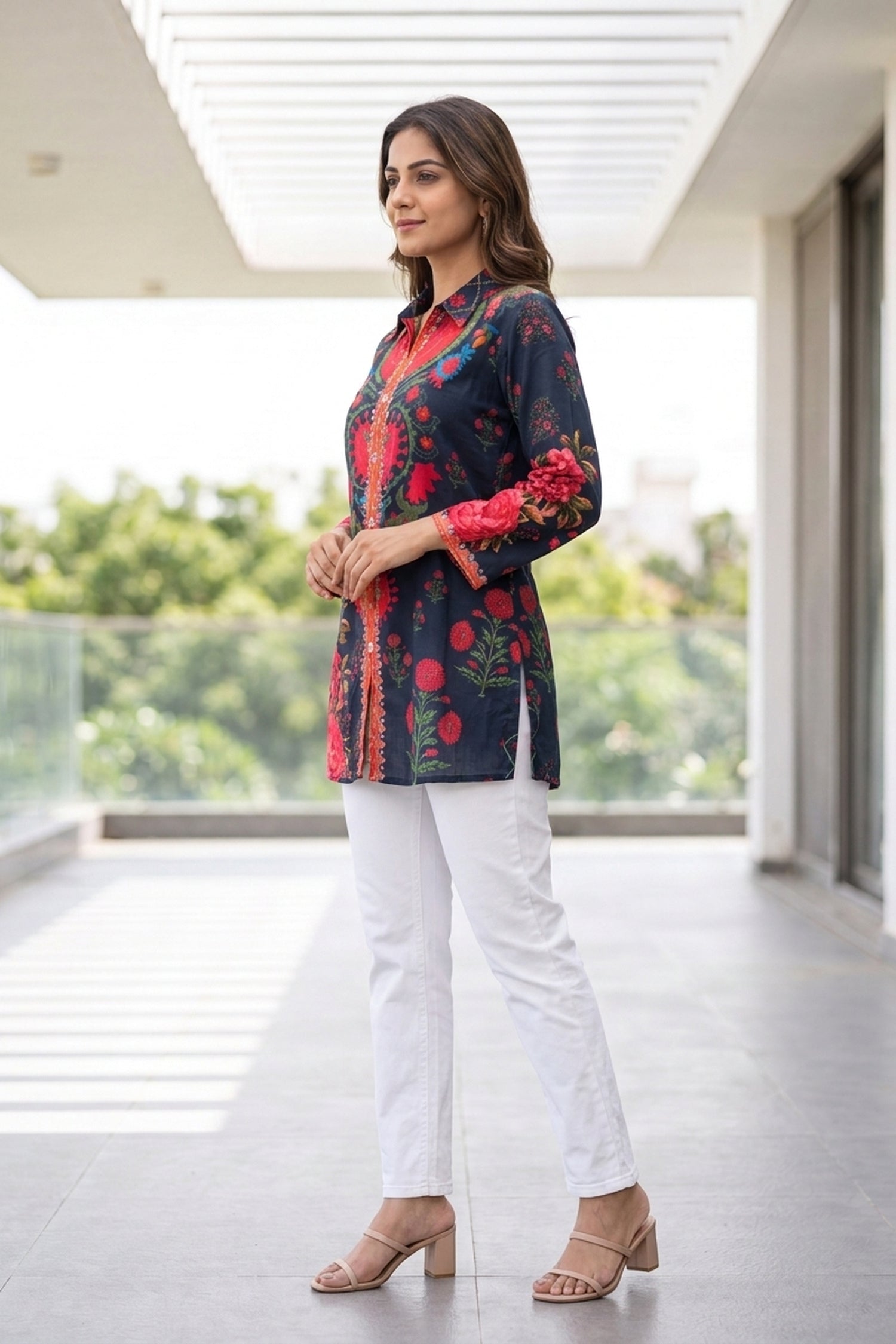 Navy Blue Floral Crepe Shirt Top