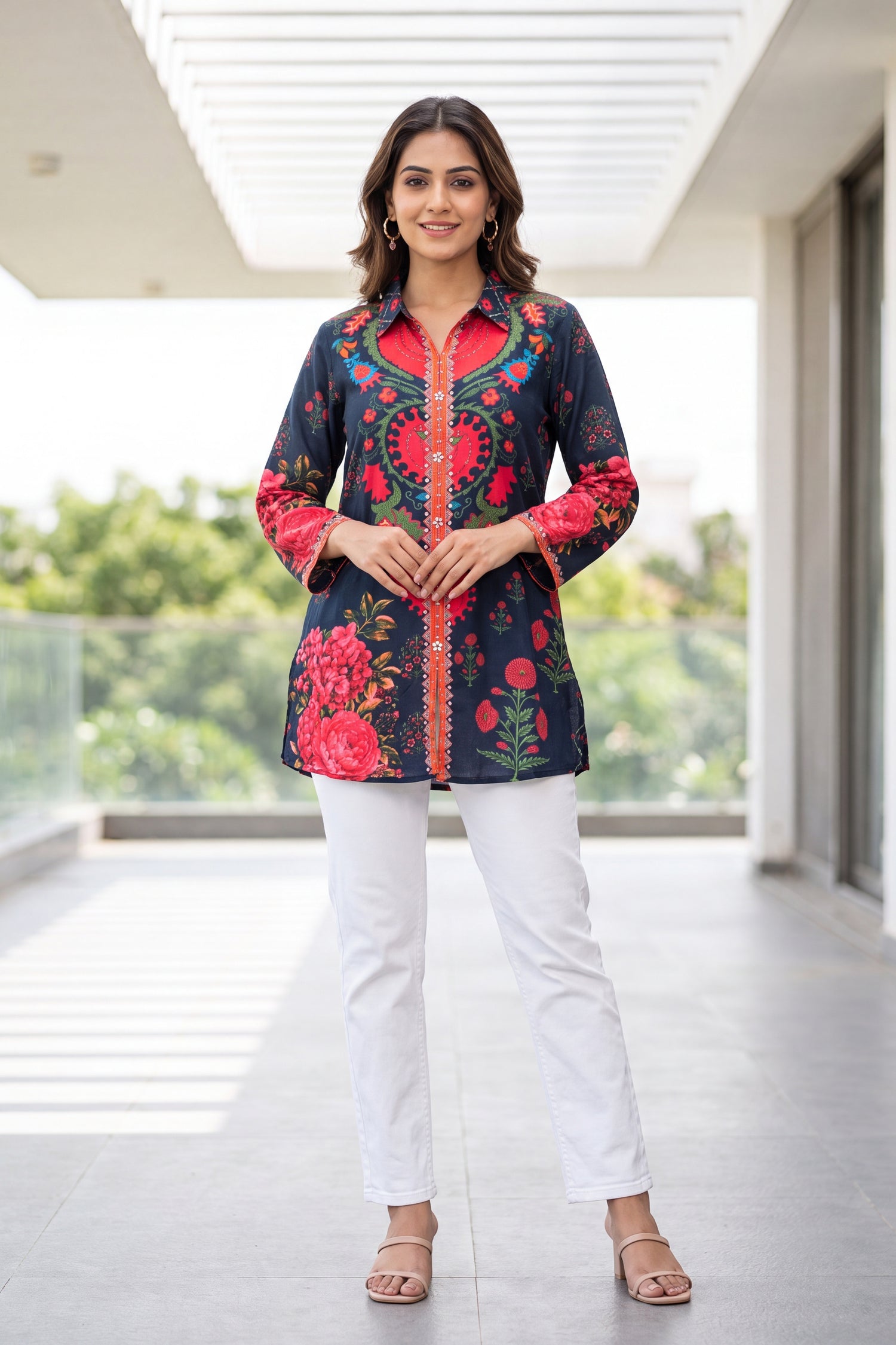 Navy Blue Floral Crepe Shirt Top