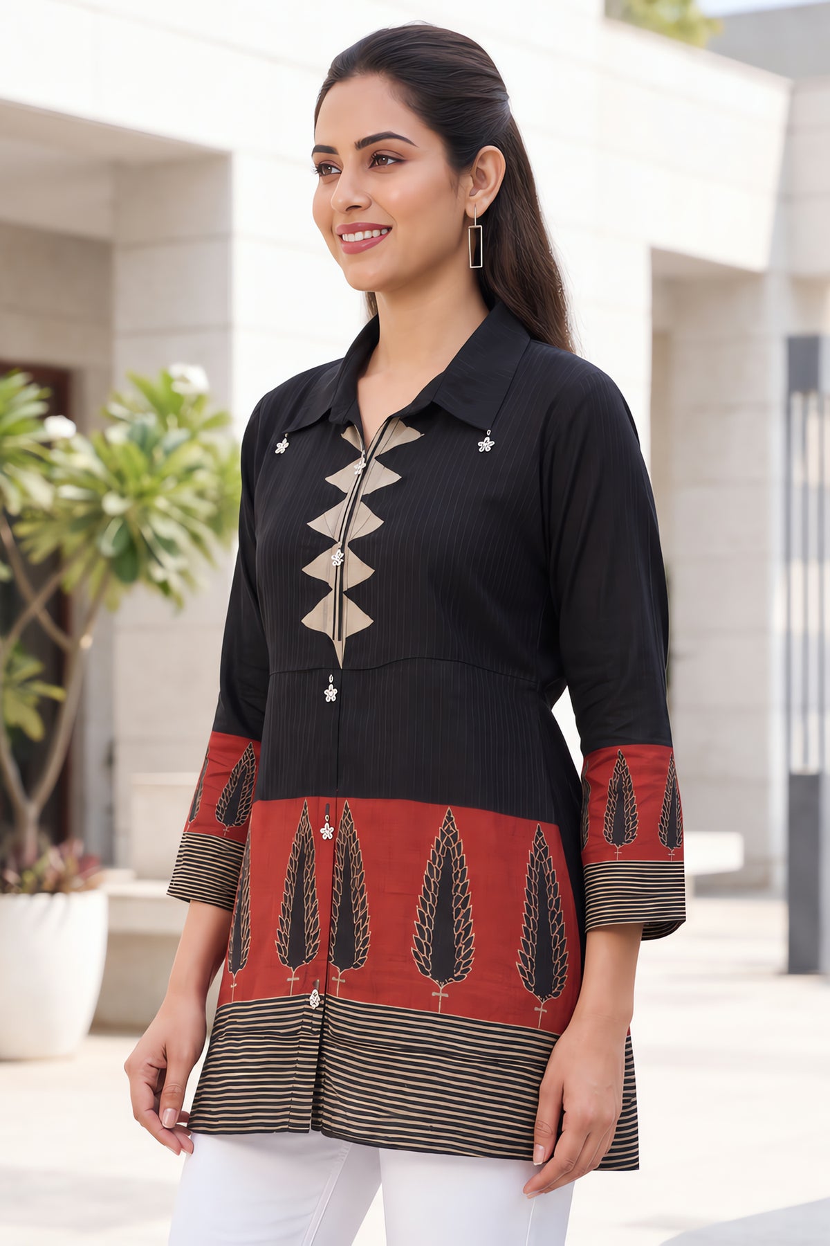Black Solid Cotton Kurta Top