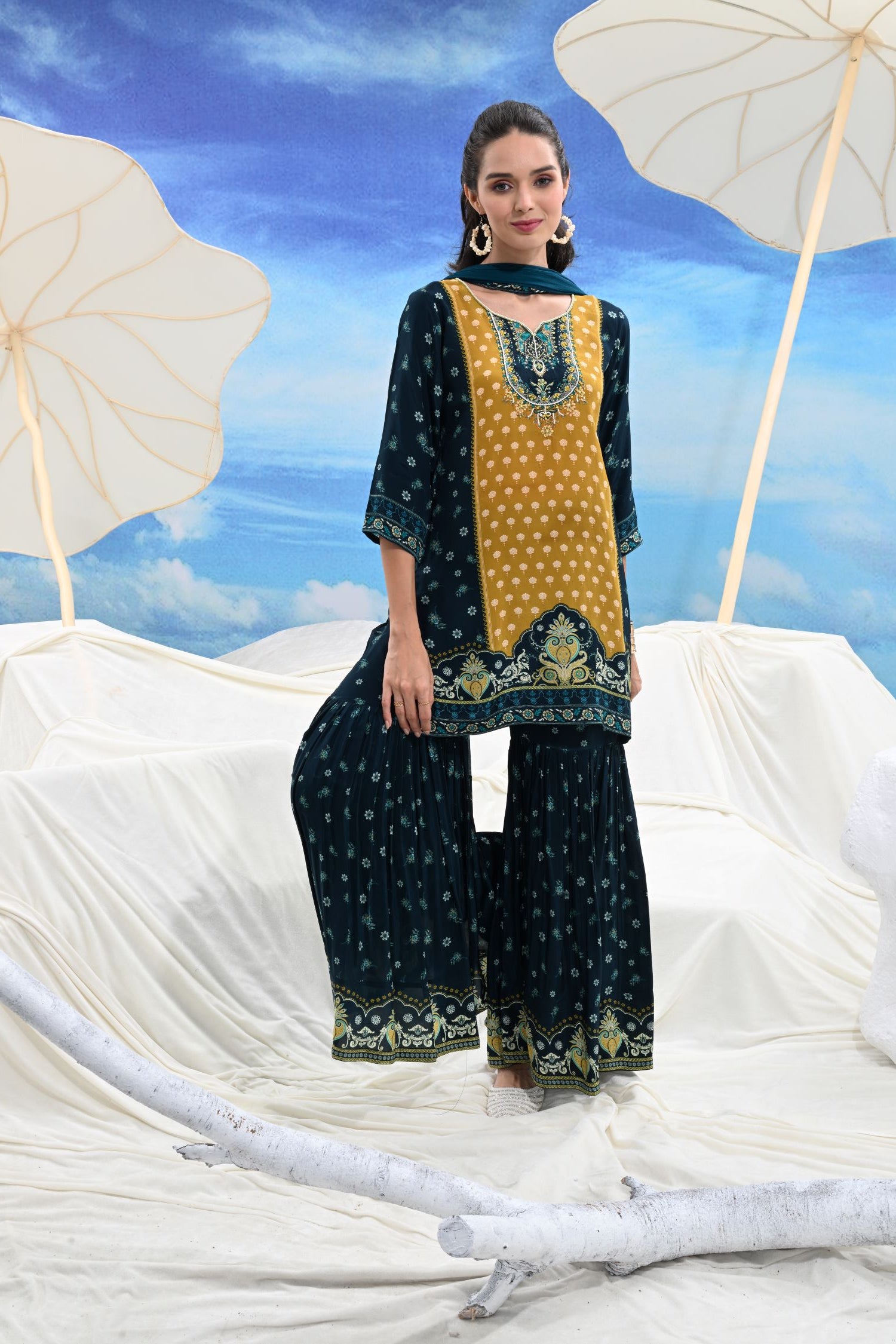 Crepe Pleated Sharara Three-Piece