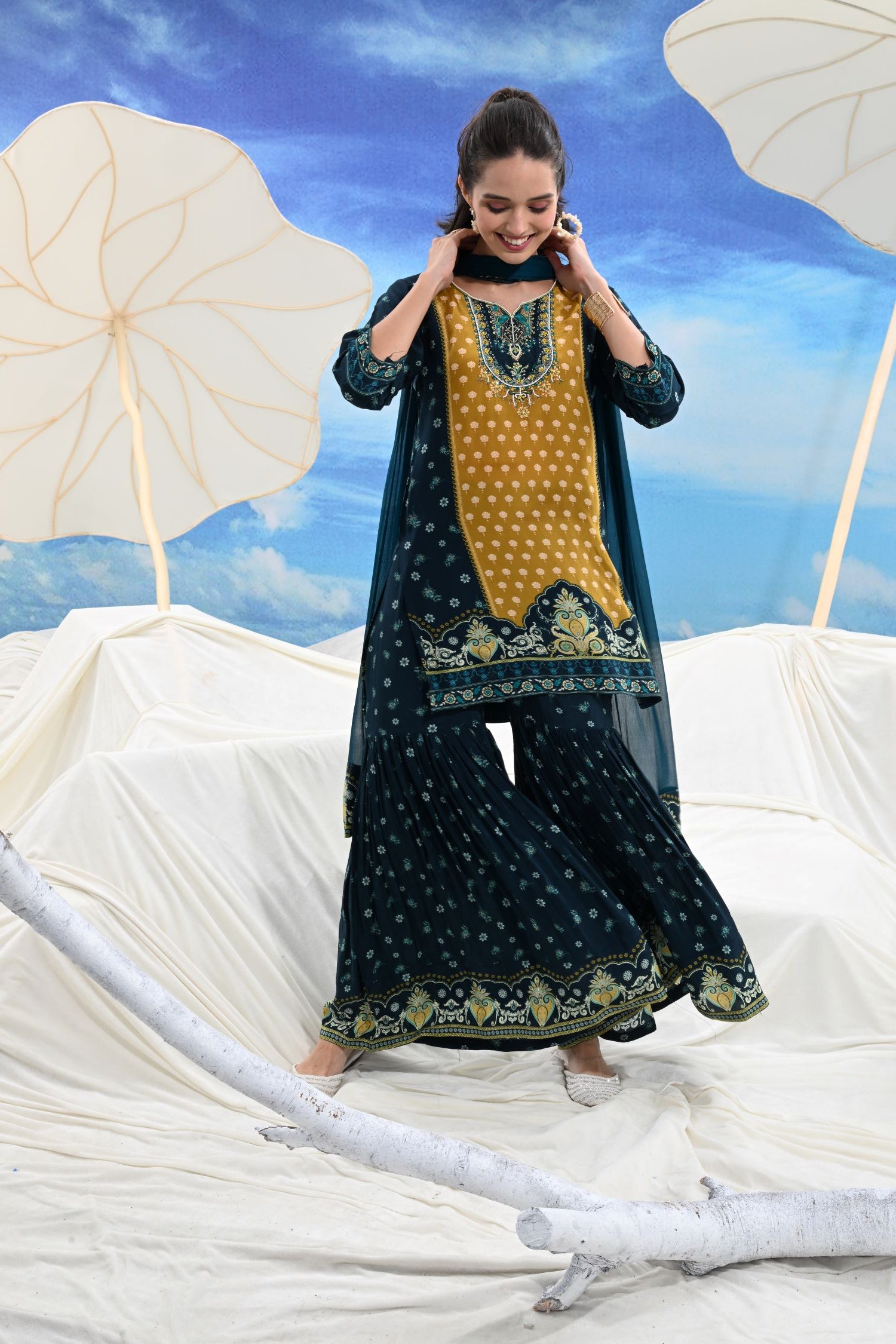Crepe Pleated Sharara Three-Piece