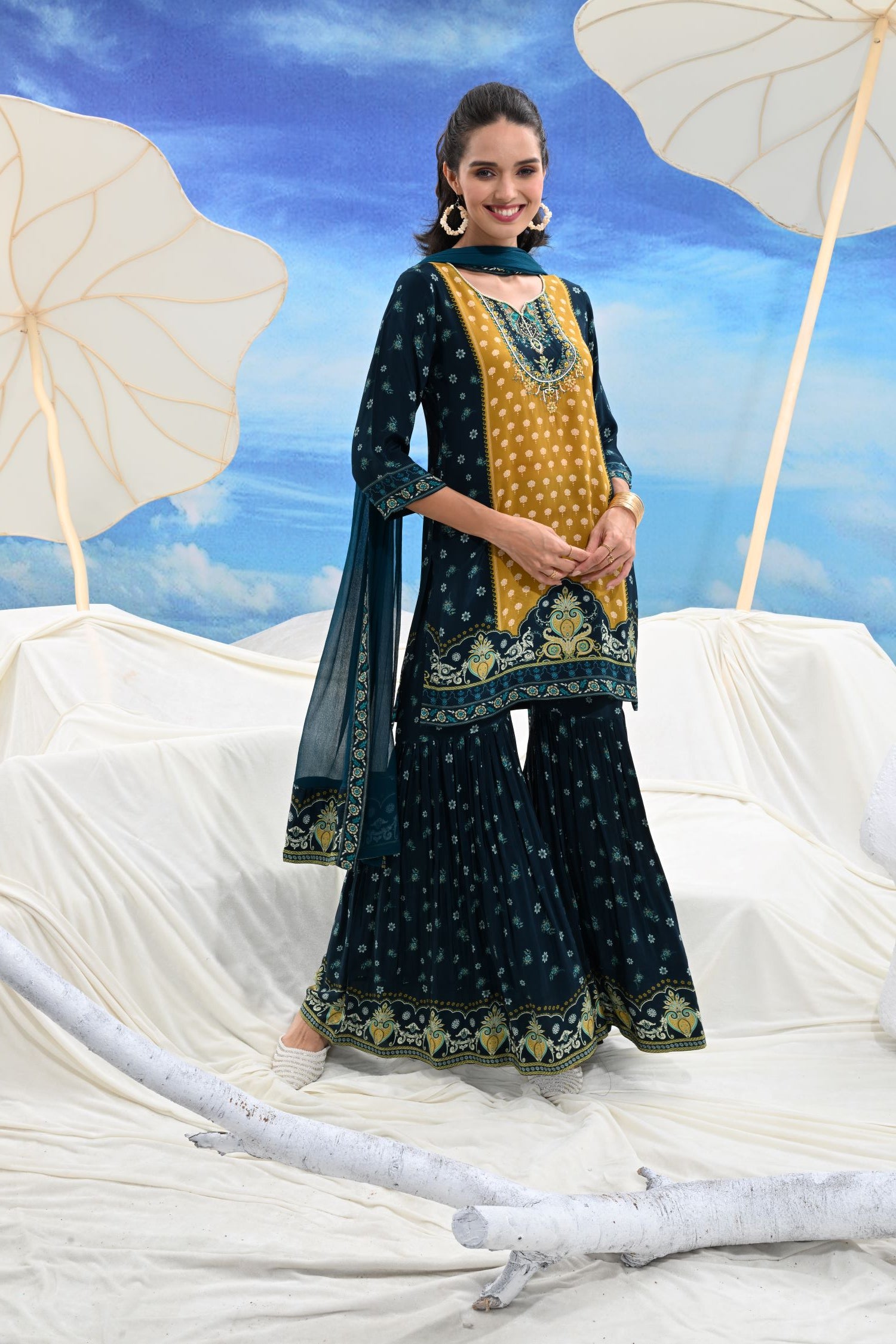 Crepe Pleated Sharara Three-Piece