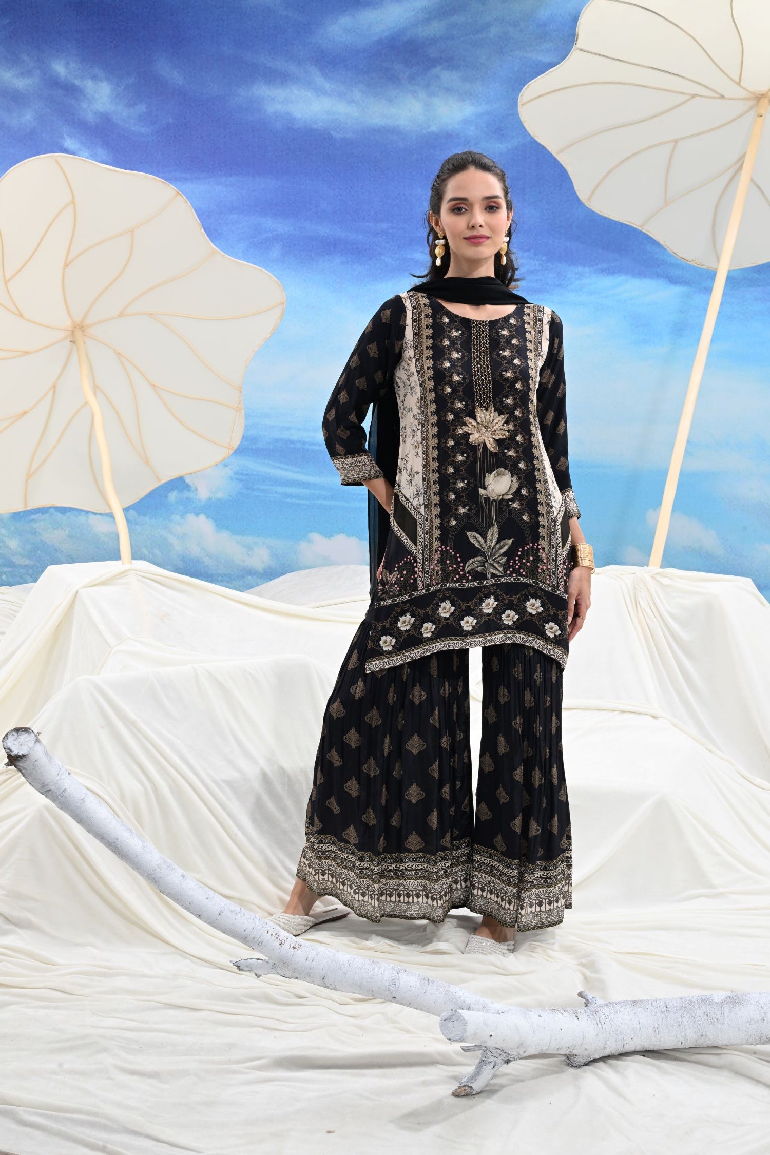 Crepe Pleated Sharara black three-piece