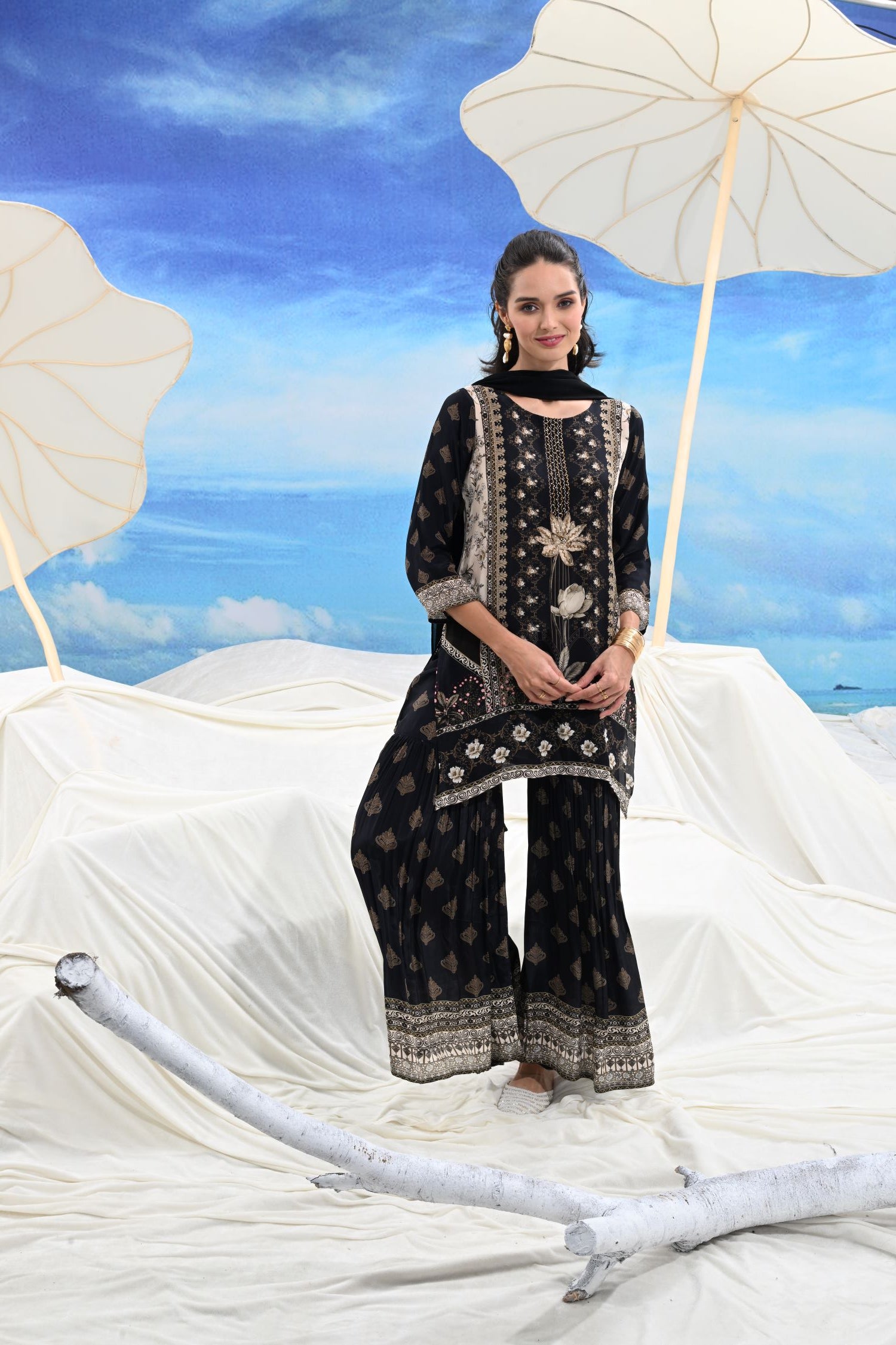 Crepe Pleated Sharara black three-piece