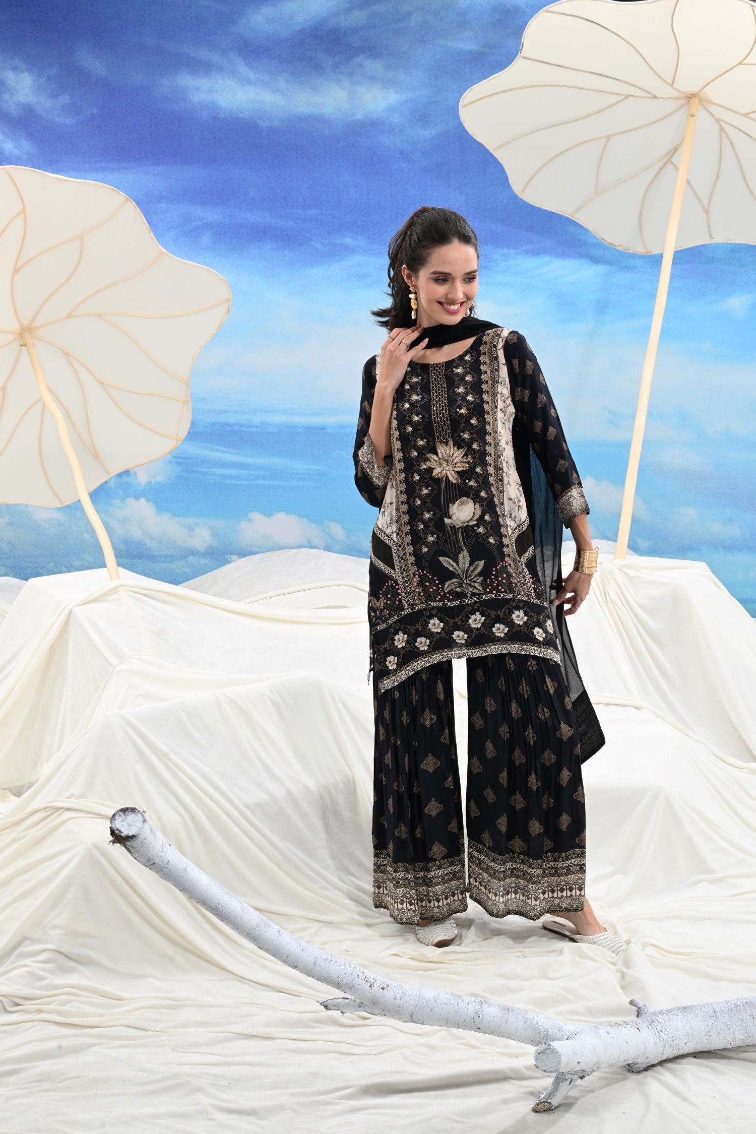 Crepe Pleated Sharara black three-piece