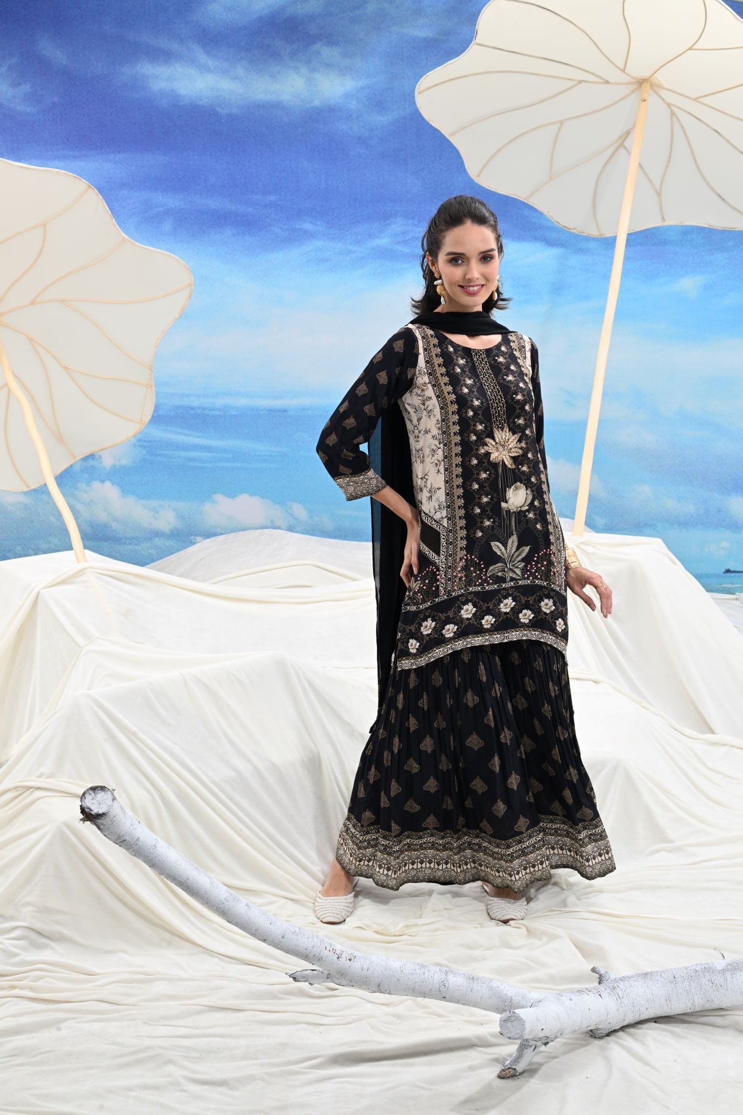 Crepe Pleated Sharara black three-piece