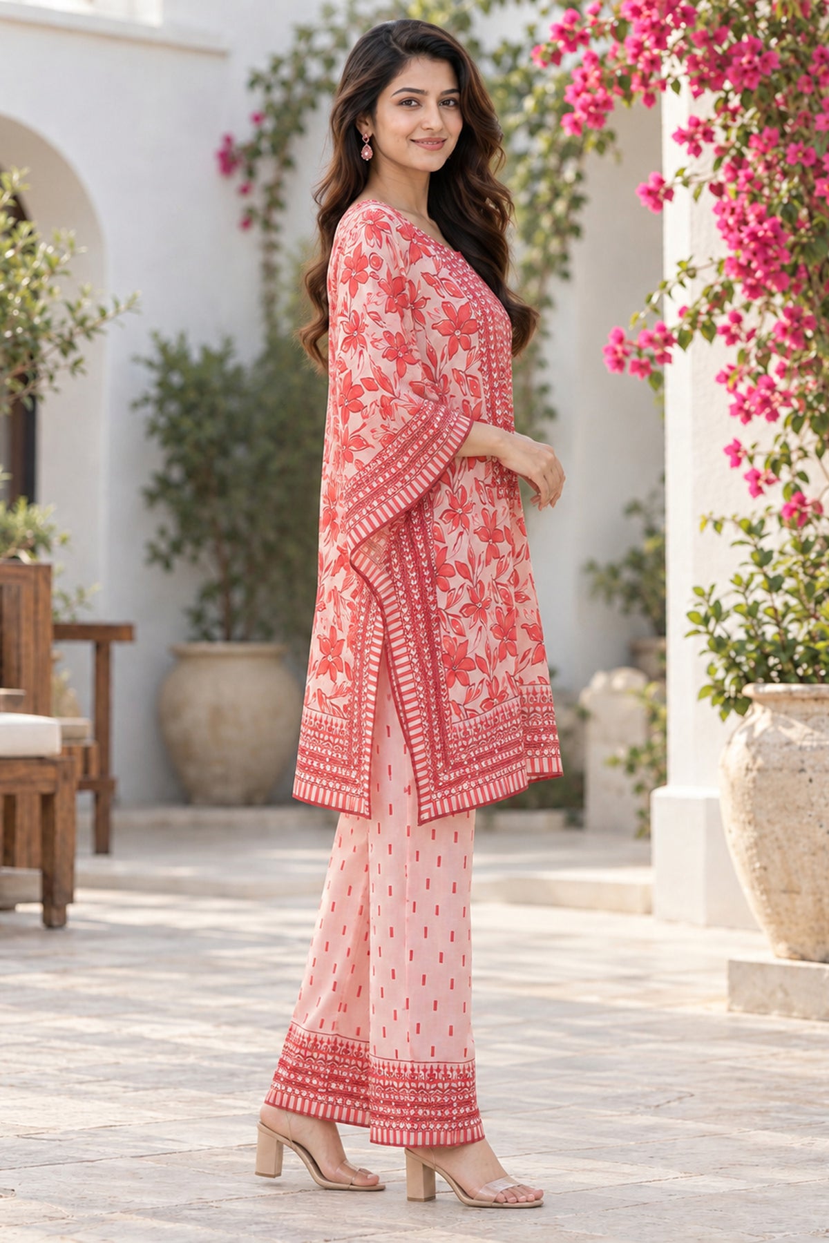 Peach And Red Heritage Mirror Embellished Coord Set