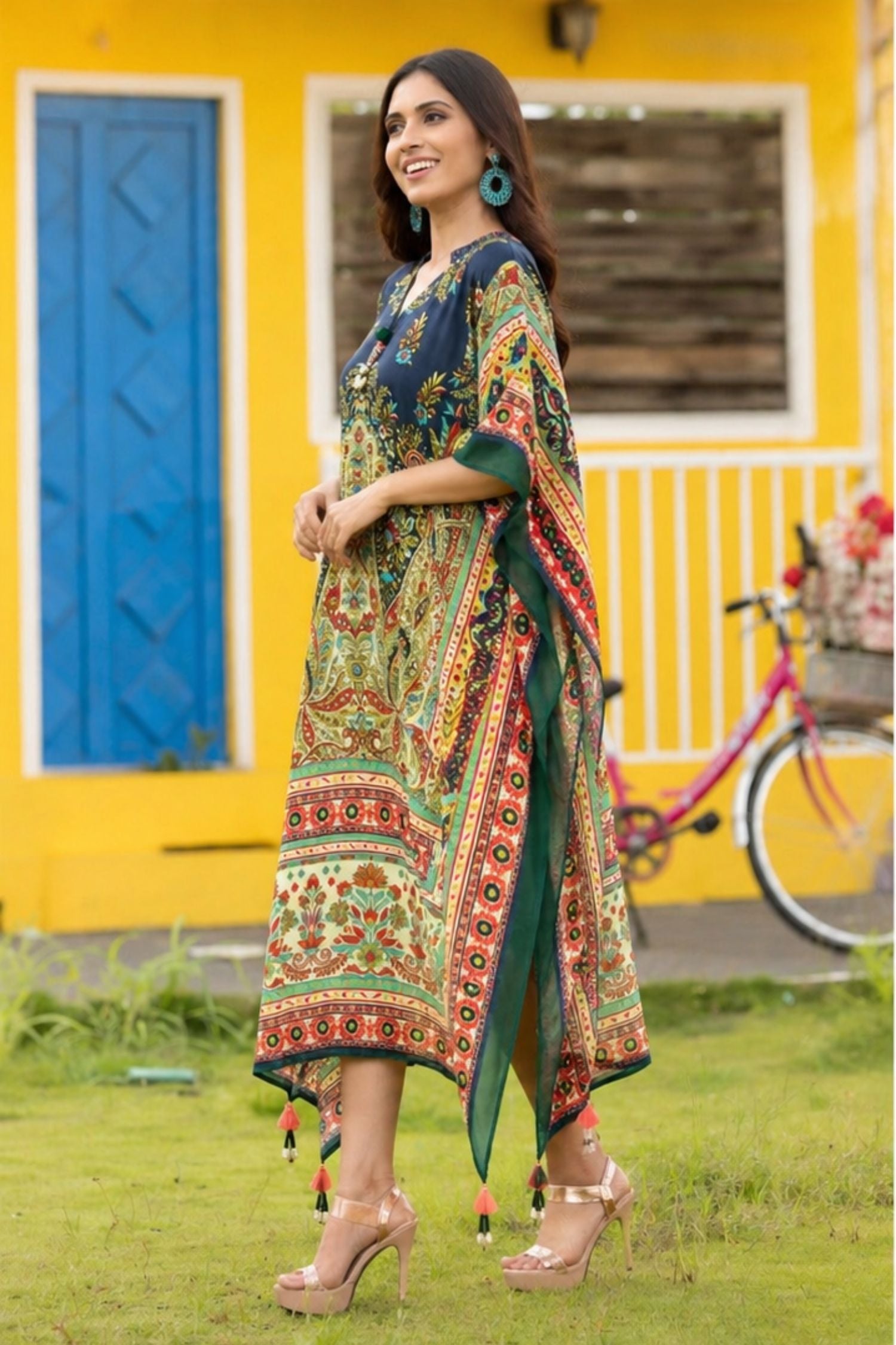 Chic Blue Long Kaftan with Printed Patterns