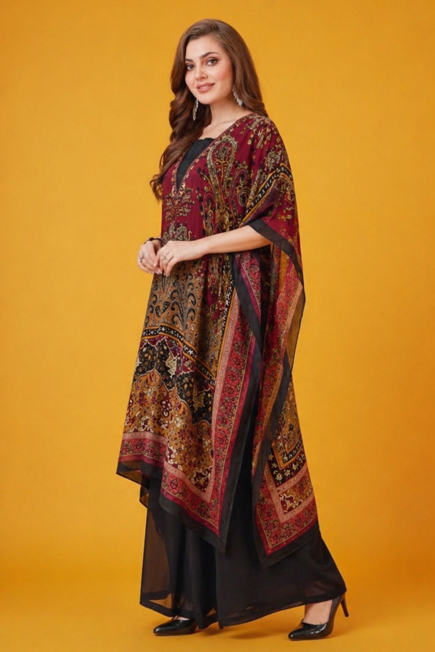 Freyaa Maroon Long Viscose Kaftan with Elegant Detailing